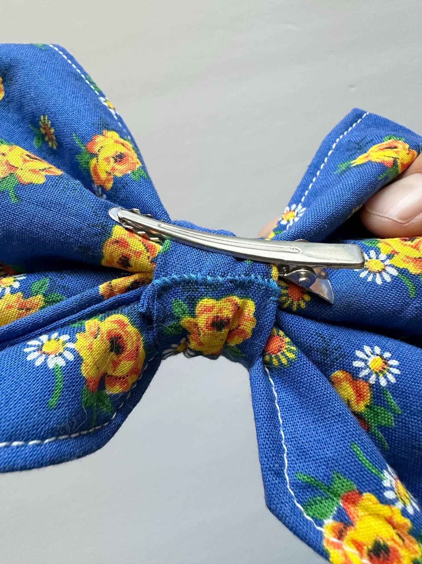 Blue with Yellow Flowers Hair Bow with Tails and Alligator Clip Attachment