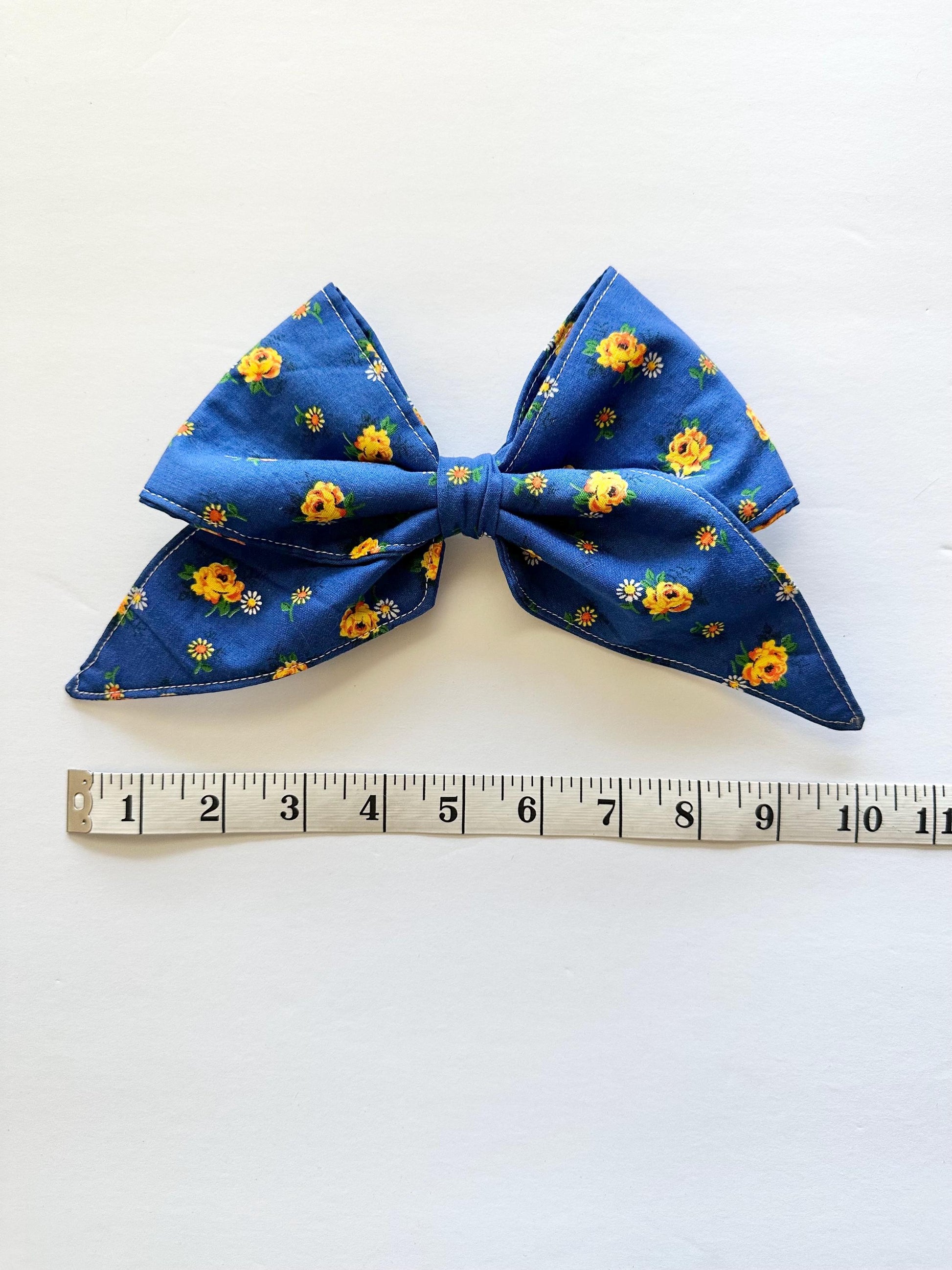 Blue with Yellow Flowers Hair Bow with Tails and Alligator Clip Attachment