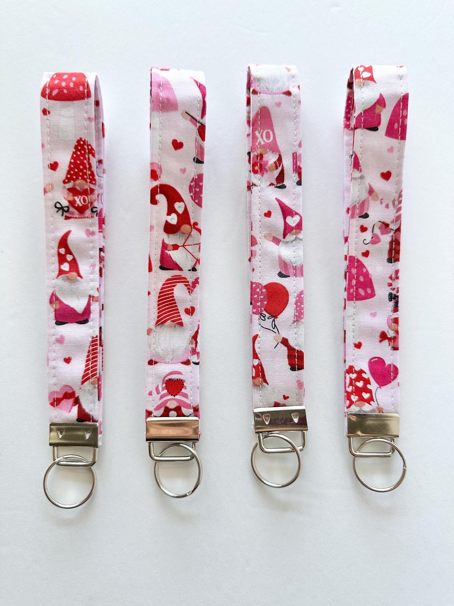 Valentine Gnome Keychain Key Fob | Pink Red White Fabric Wristlet | Handmade Valentine Gift | Cute Gnome Keychain