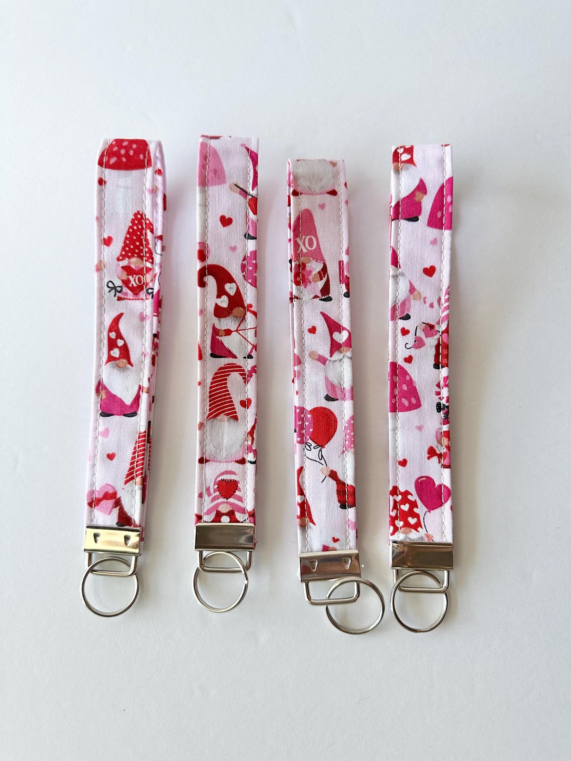 Valentine Gnome Keychain Key Fob | Pink Red White Fabric Wristlet | Handmade Valentine Gift | Cute Gnome Keychain