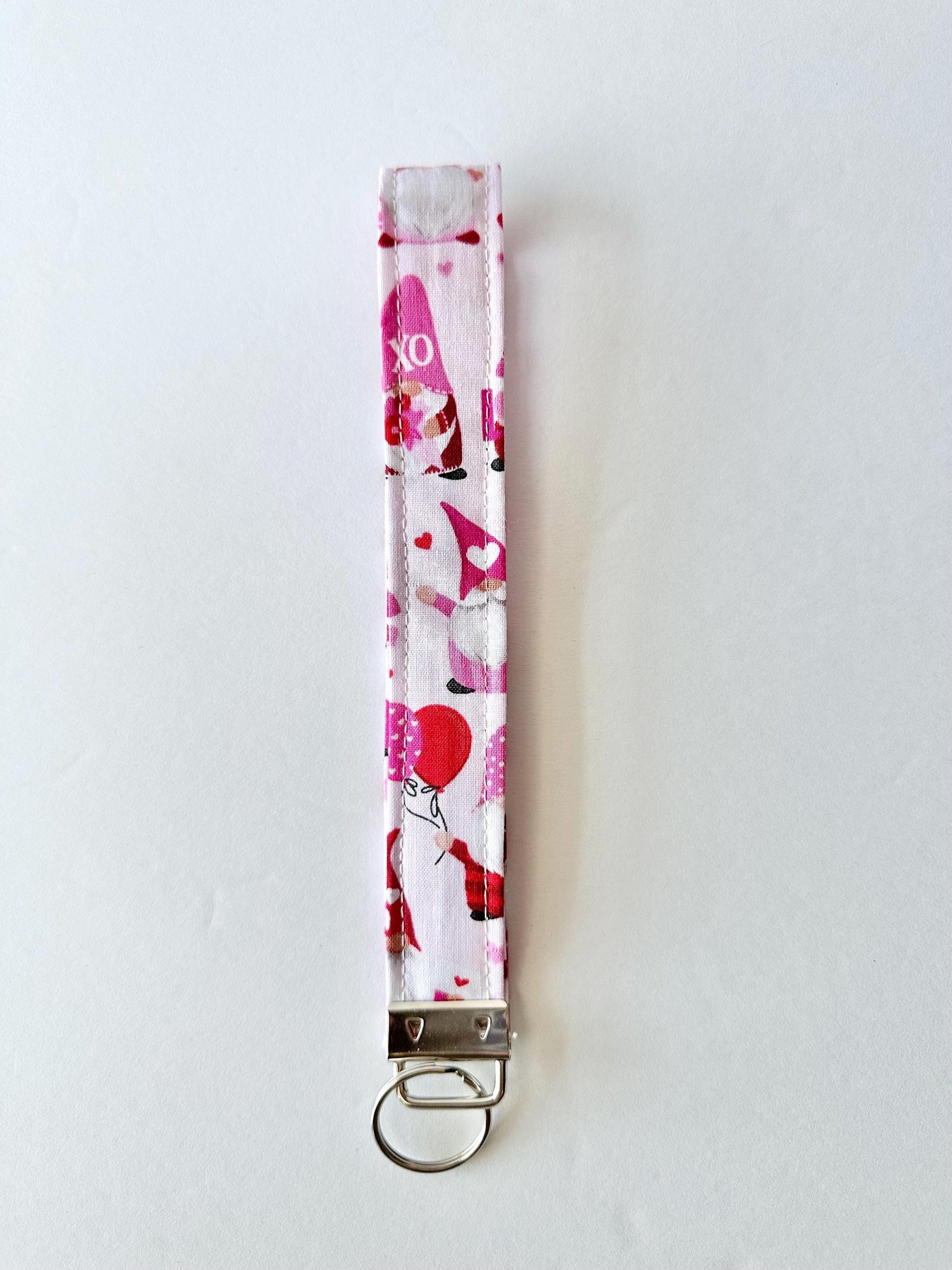 Valentine Gnome Keychain Key Fob | Pink Red White Fabric Wristlet | Handmade Valentine Gift | Cute Gnome Keychain
