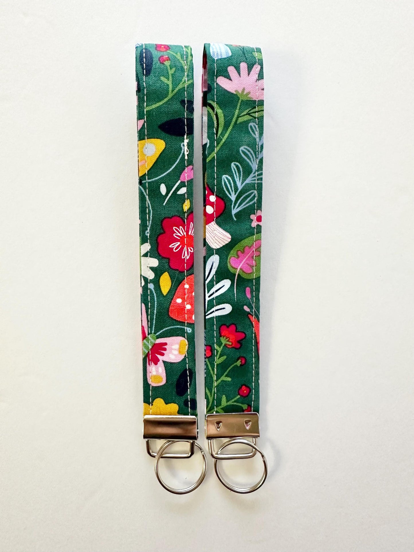 Forest Mushroom Fabric Key Fob Keychain | Green Nature Wristlet Keychain | Handmade Key Fob with Key Ring | Woodland Accessory