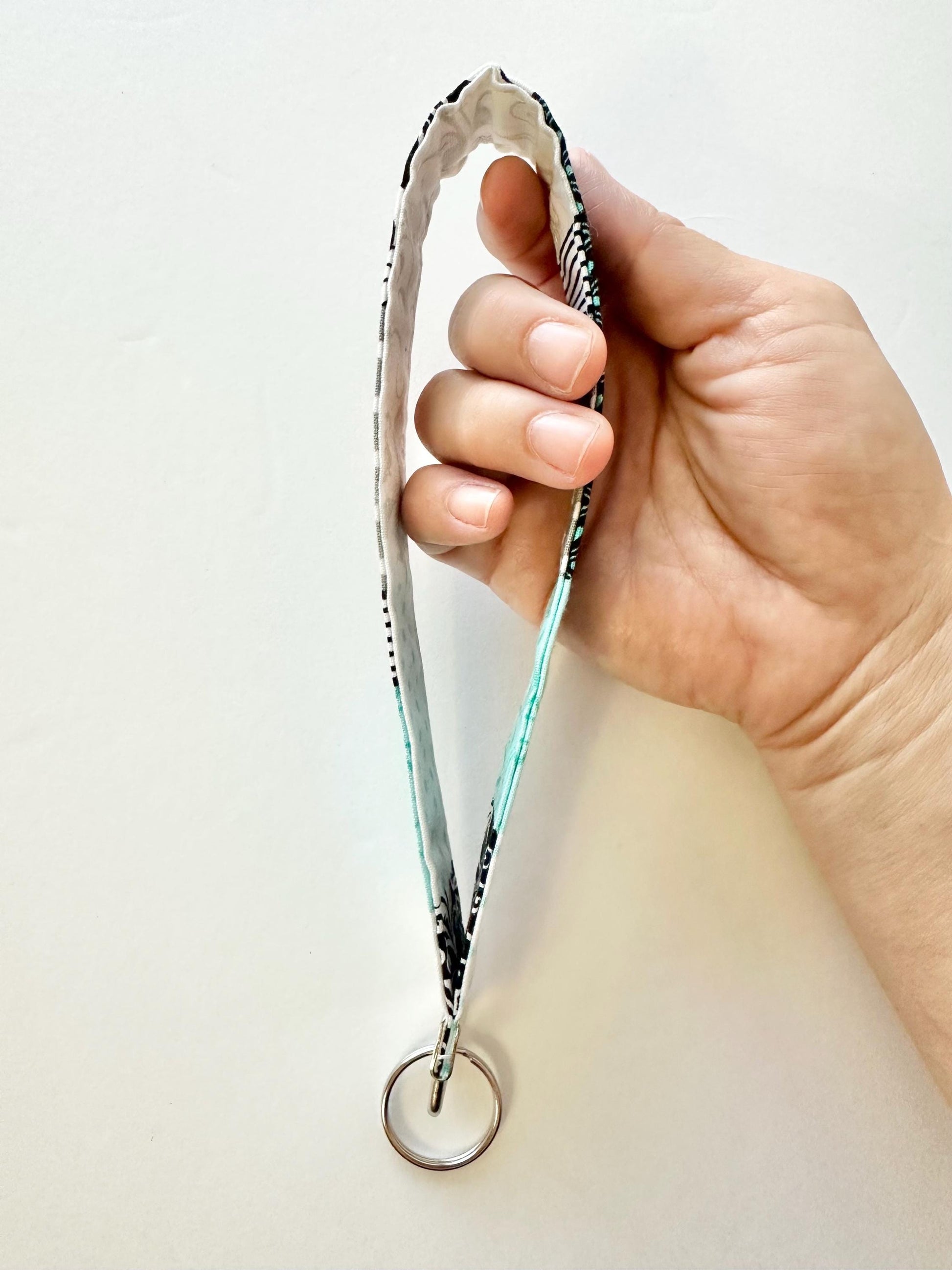 Quilt Pattern Fabric Key Fob Keychain | Greenish Blue, White & Black Patchwork Wristlet | Handmade Keychain Accessory