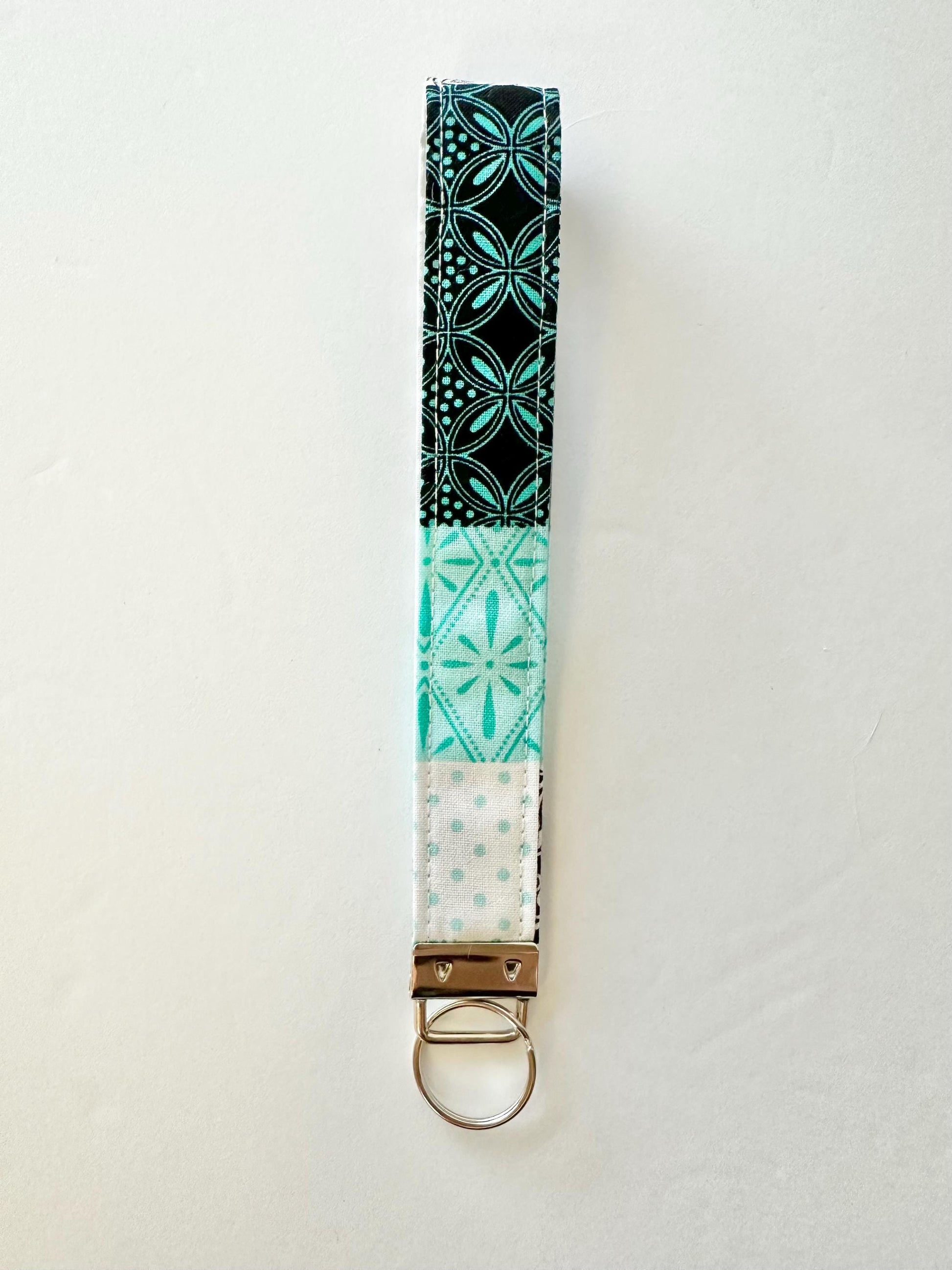 Quilt Pattern Fabric Key Fob Keychain | Greenish Blue, White & Black Patchwork Wristlet | Handmade Keychain Accessory