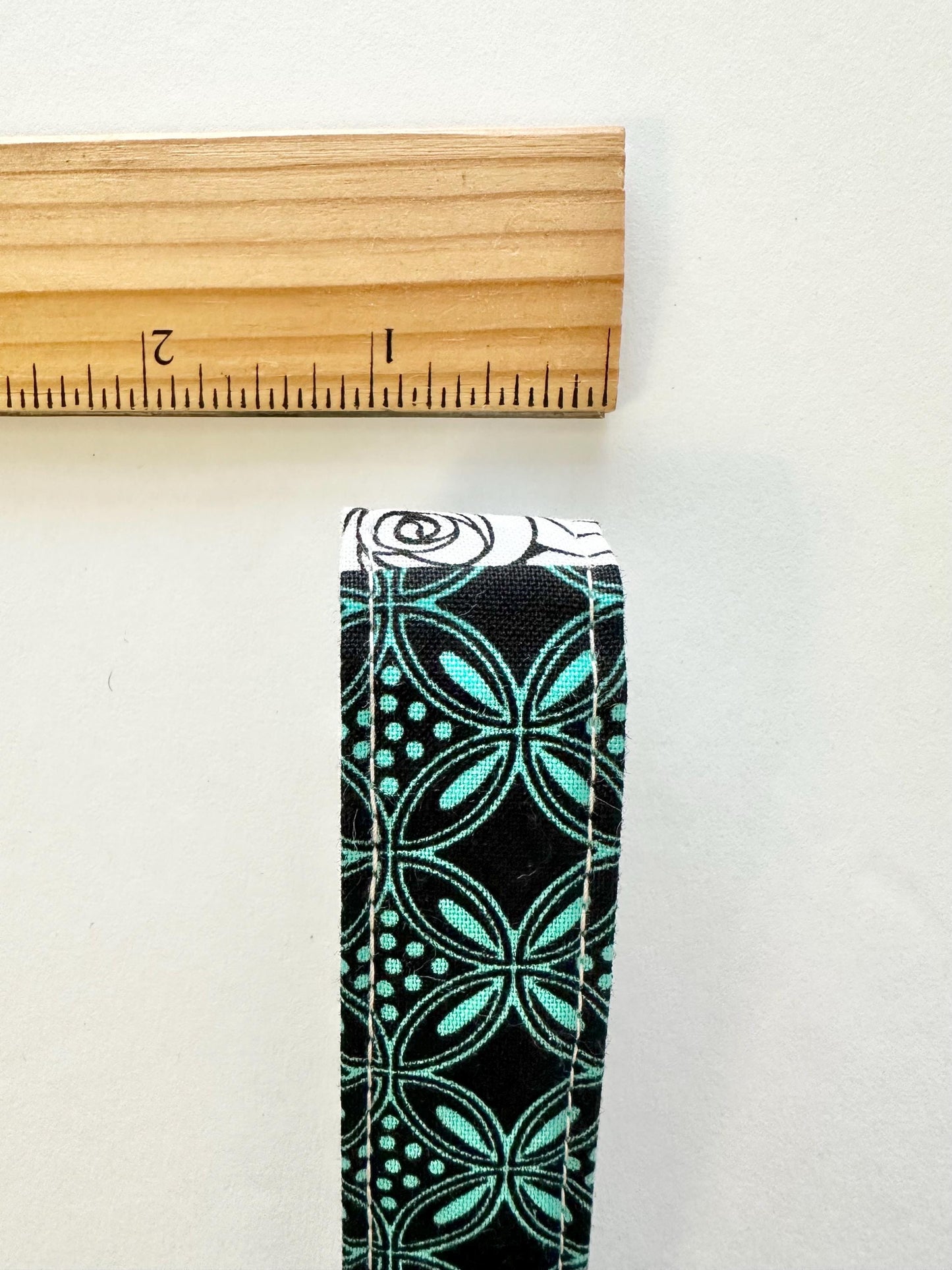 Quilt Pattern Fabric Key Fob Keychain | Greenish Blue, White & Black Patchwork Wristlet | Handmade Keychain Accessory