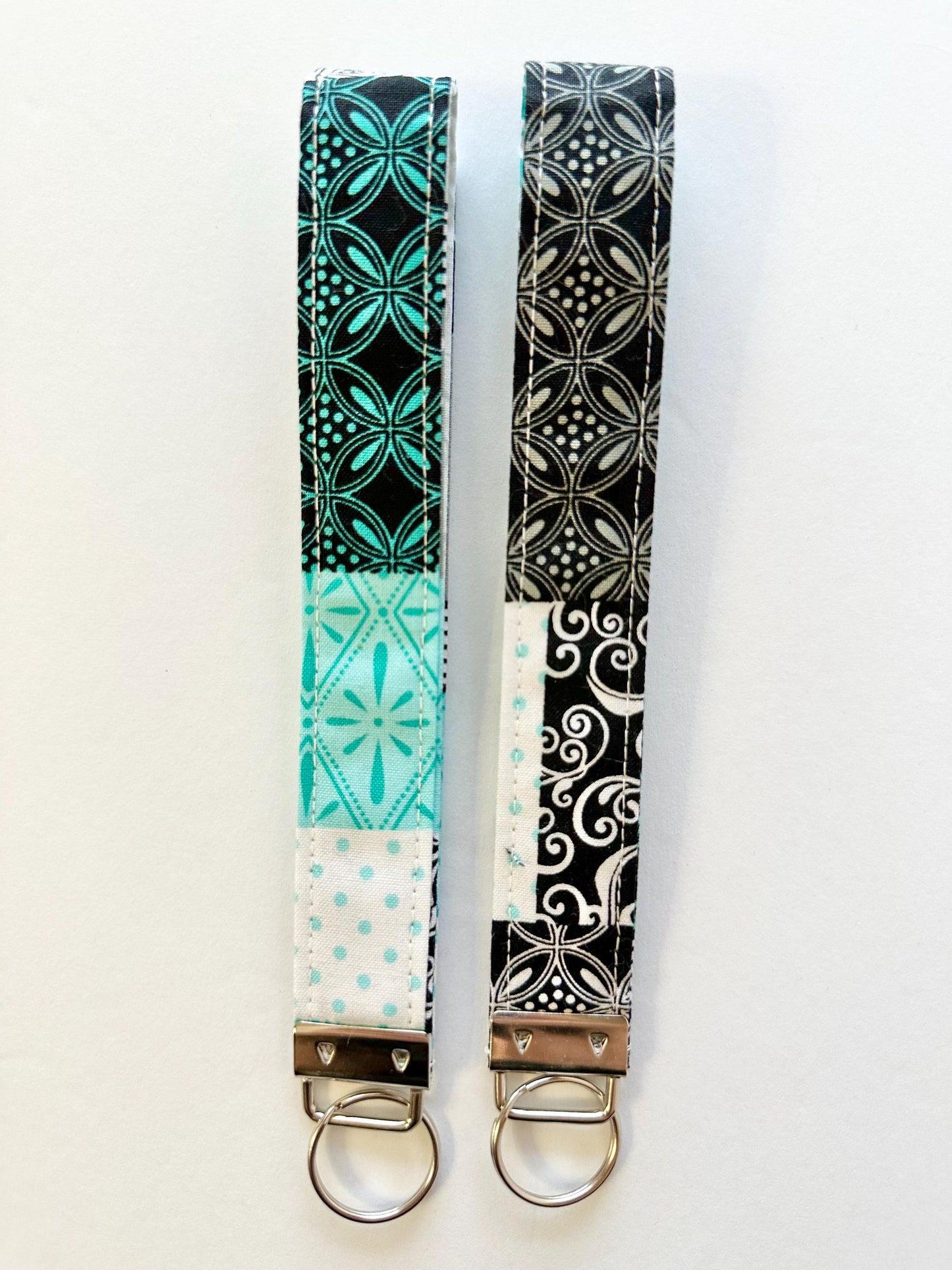 Quilt Pattern Fabric Key Fob Keychain | Greenish Blue, White & Black Patchwork Wristlet | Handmade Keychain Accessory