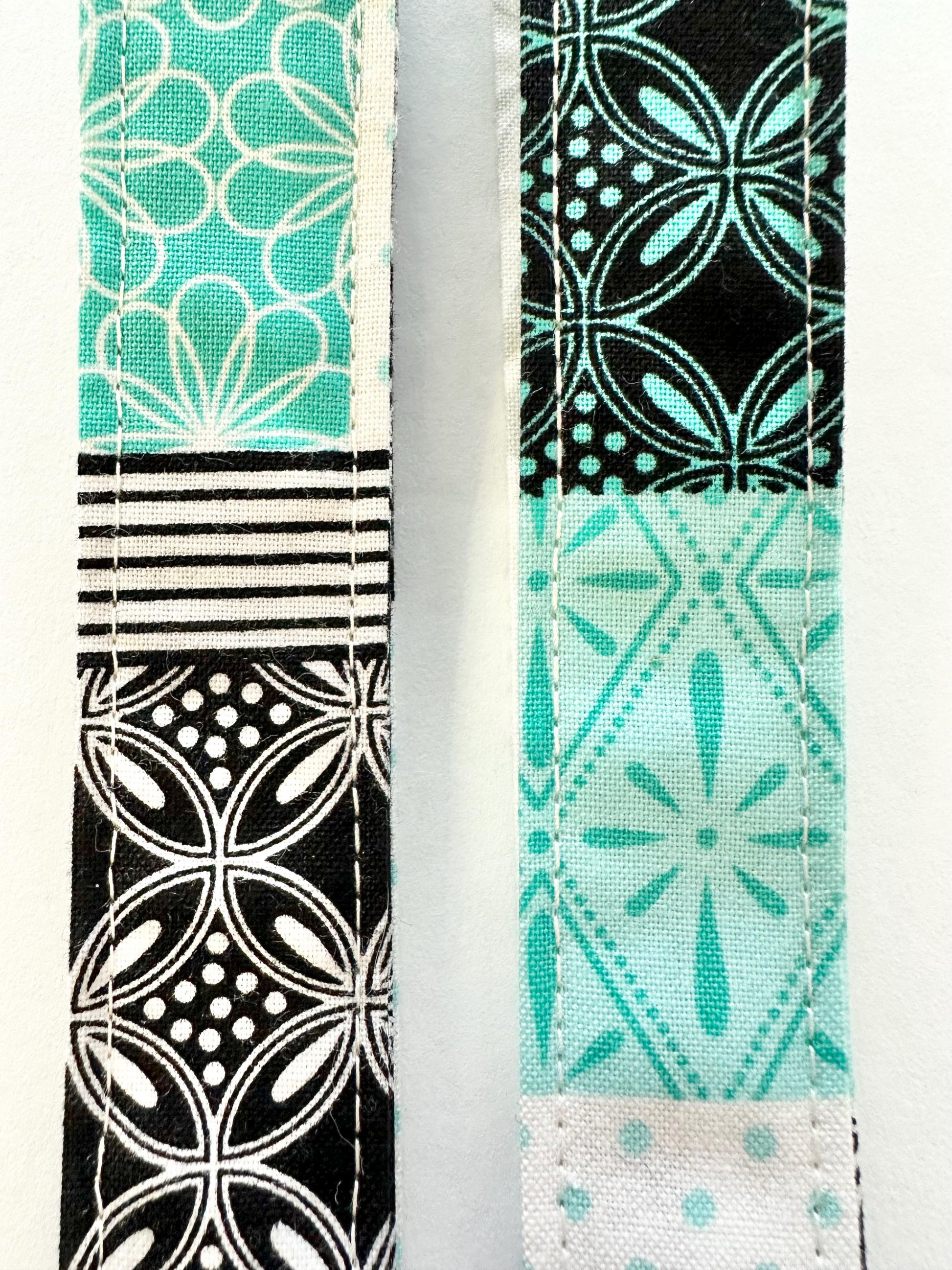 Quilt Pattern Fabric Key Fob Keychain | Greenish Blue, White & Black Patchwork Wristlet | Handmade Keychain Accessory