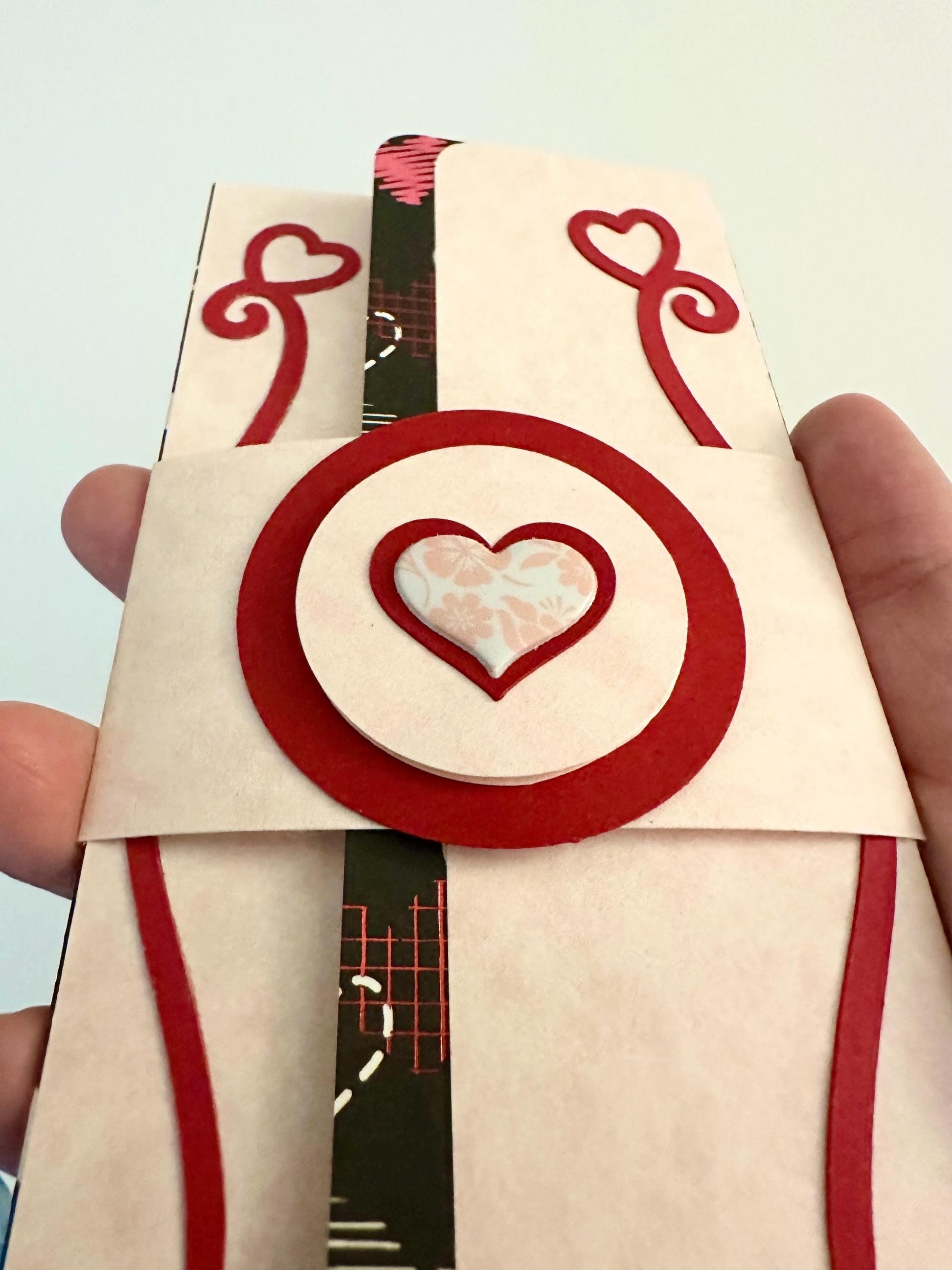 Handmade Valentine Gift Envelope | Pink, Red & White Hearts on Black Background | Cash and Gift Card Holder