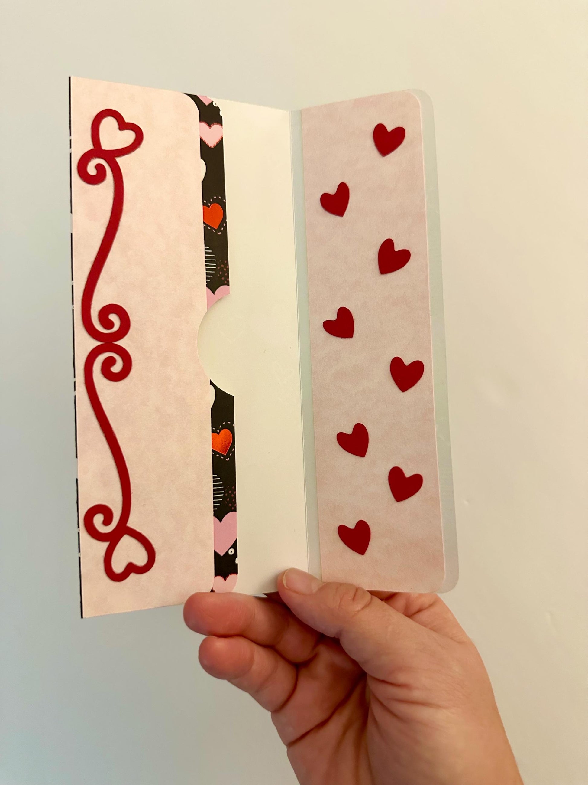 Handmade Valentine Gift Envelope | Pink, Red & White Hearts on Black Background | Cash and Gift Card Holder