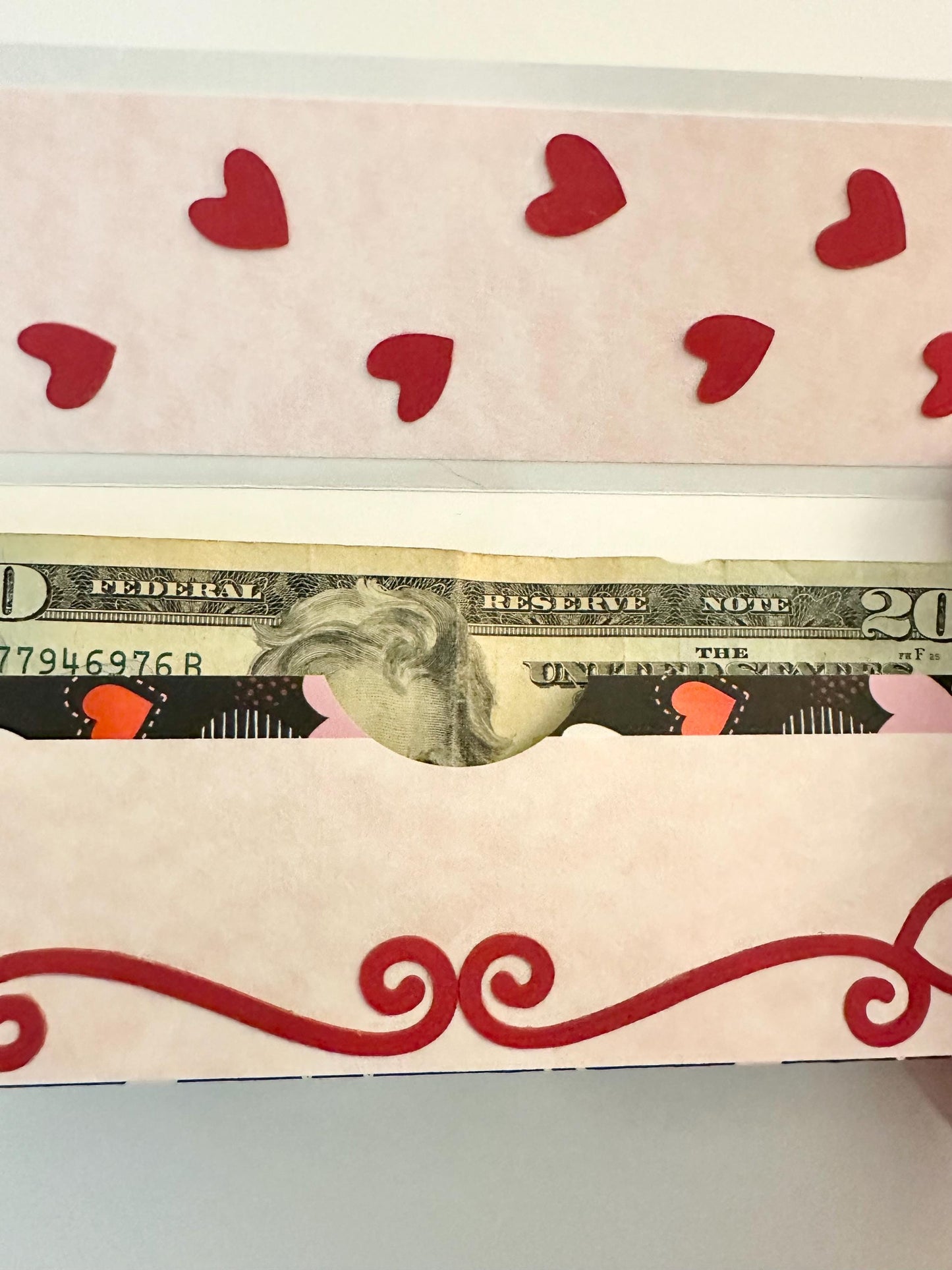 Handmade Valentine Gift Envelope | Pink, Red & White Hearts on Black Background | Cash and Gift Card Holder