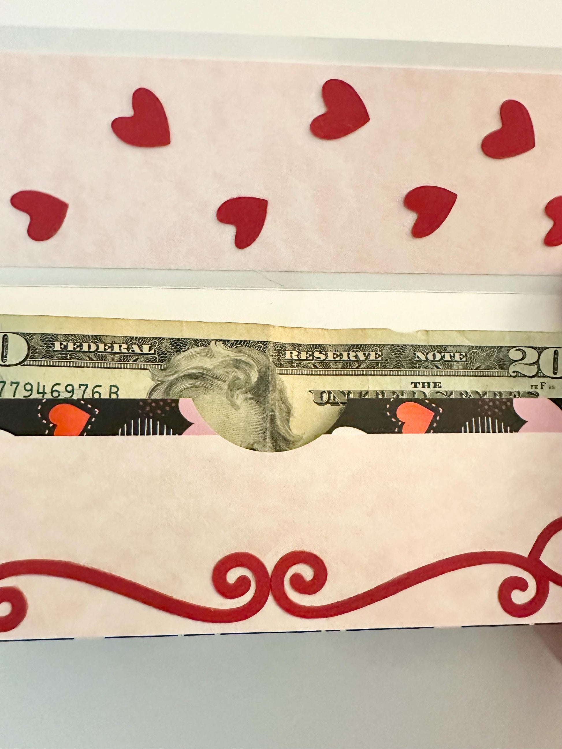 Handmade Valentine Gift Envelope | Pink, Red & White Hearts on Black Background | Cash and Gift Card Holder