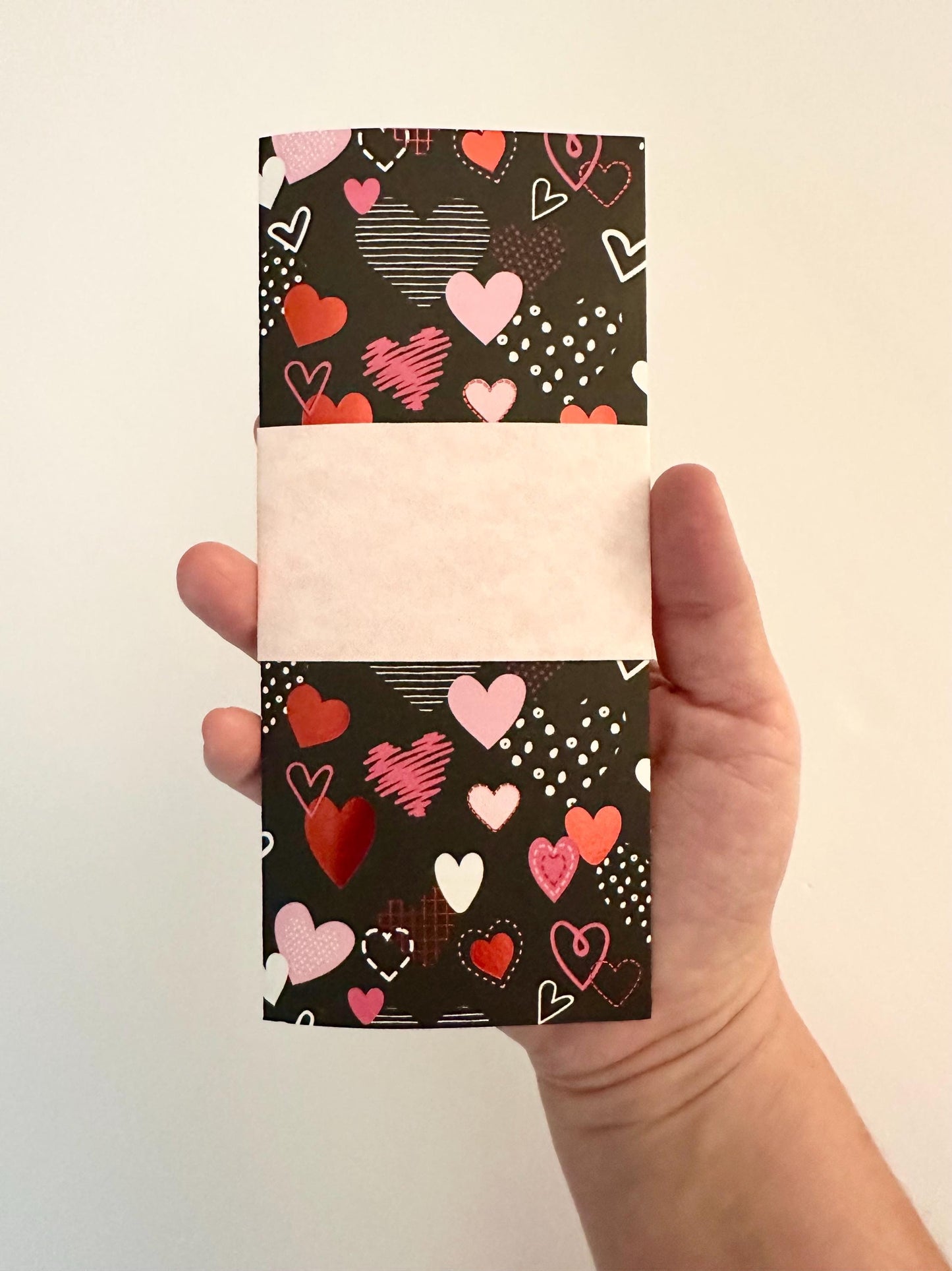 Handmade Valentine Gift Envelope | Pink, Red & White Hearts on Black Background | Cash and Gift Card Holder
