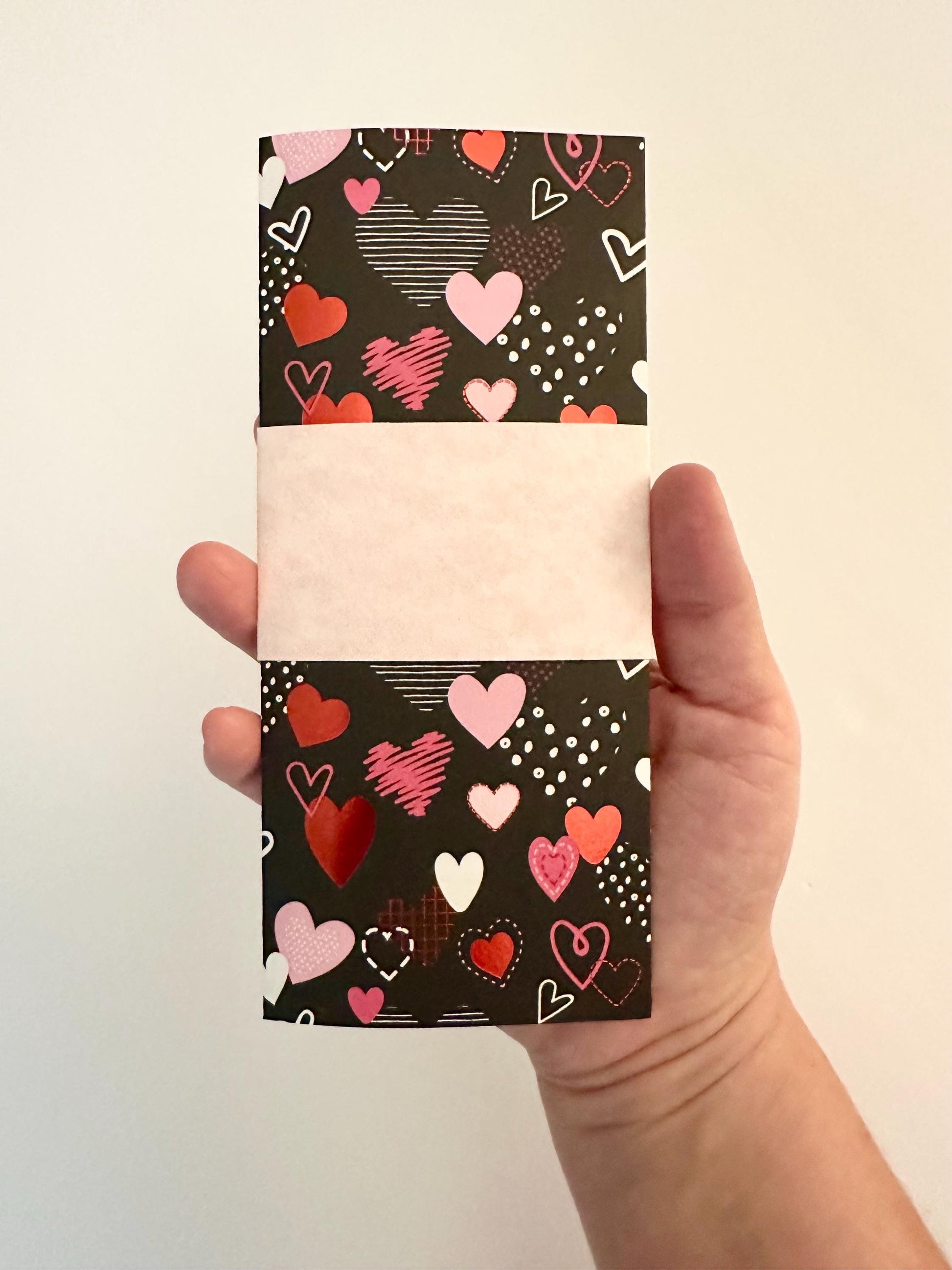 Handmade Valentine Gift Envelope | Pink, Red & White Hearts on Black Background | Cash and Gift Card Holder