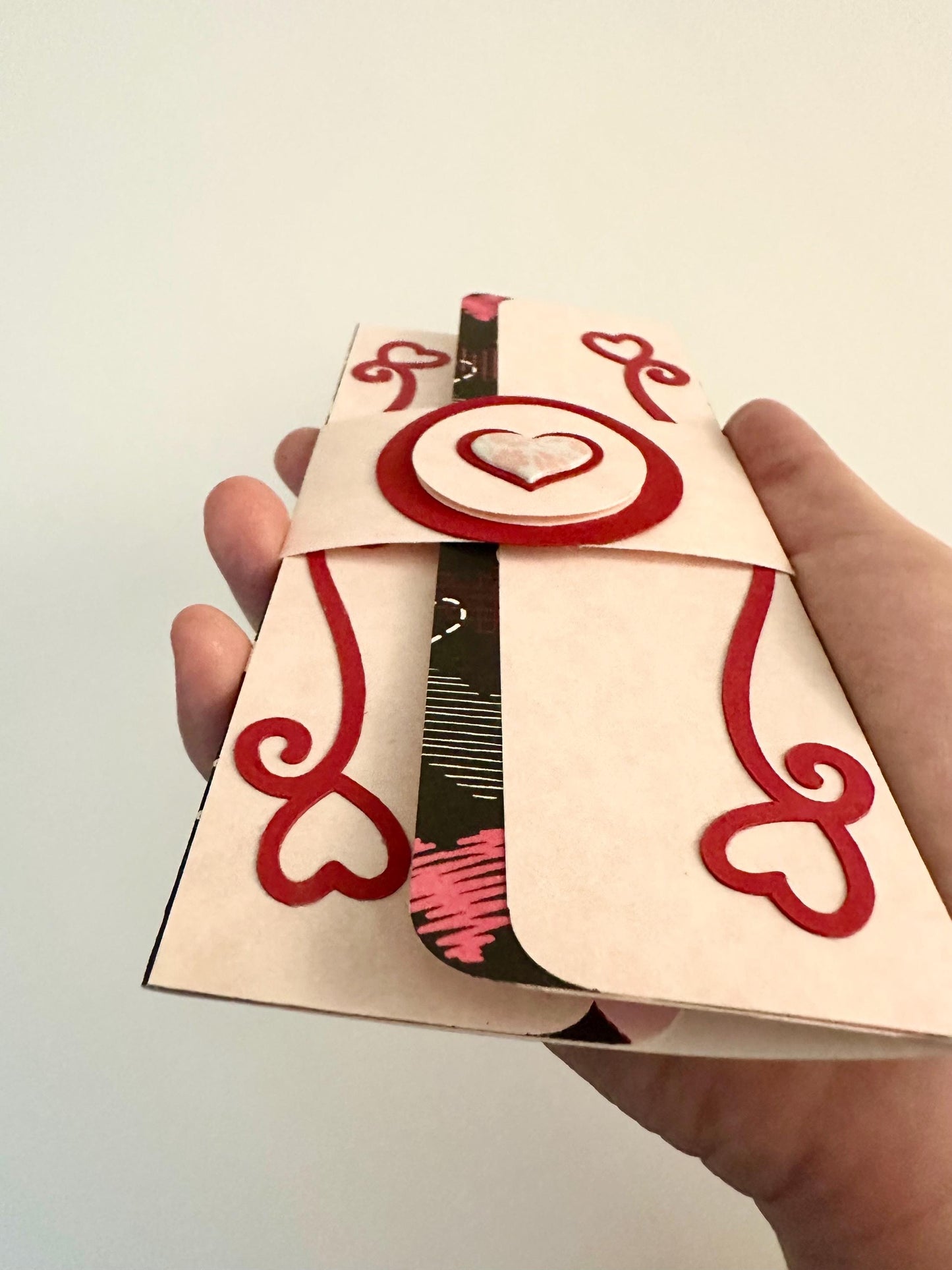 Handmade Valentine Gift Envelope | Pink, Red & White Hearts on Black Background | Cash and Gift Card Holder