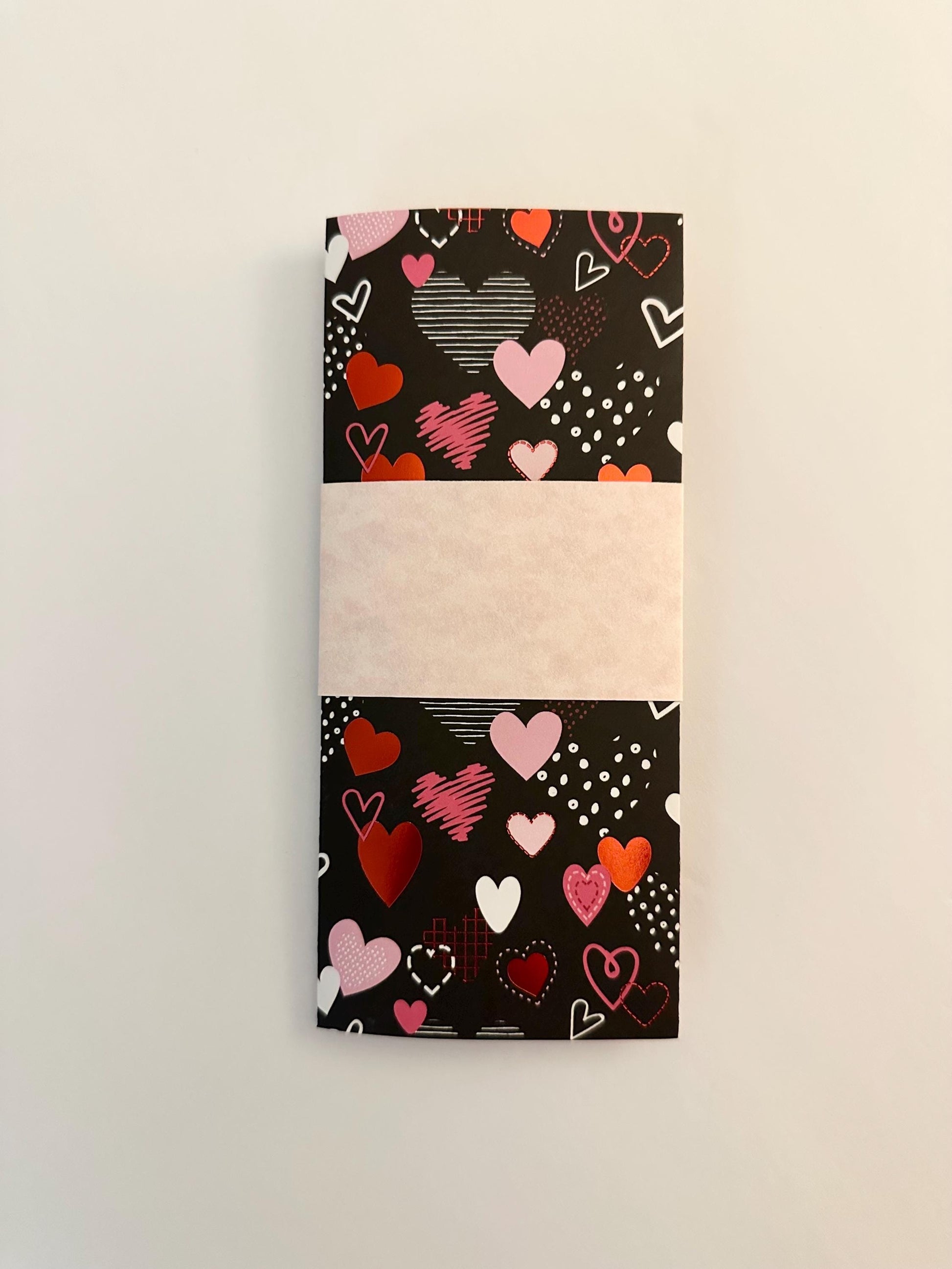 Handmade Valentine Gift Envelope | Pink, Red & White Hearts on Black Background | Cash and Gift Card Holder