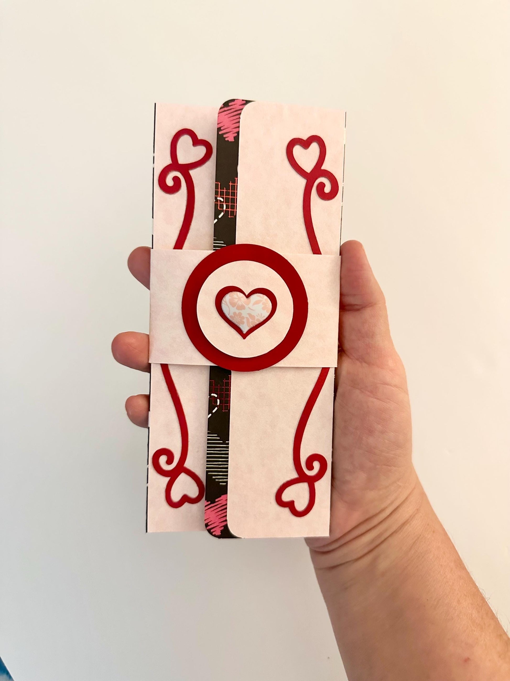 Handmade Valentine Gift Envelope | Pink, Red & White Hearts on Black Background | Cash and Gift Card Holder