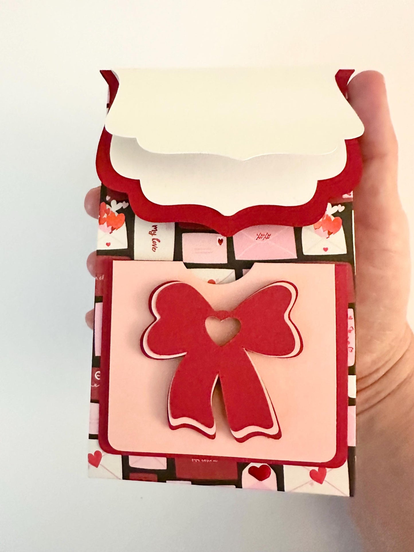 3D Paper Backpack Gift Box - Handmade Cardstock Favor Bag with Bow and Ribbon Straps - Pink & Red Envelope Print - Cute Stationery Holder