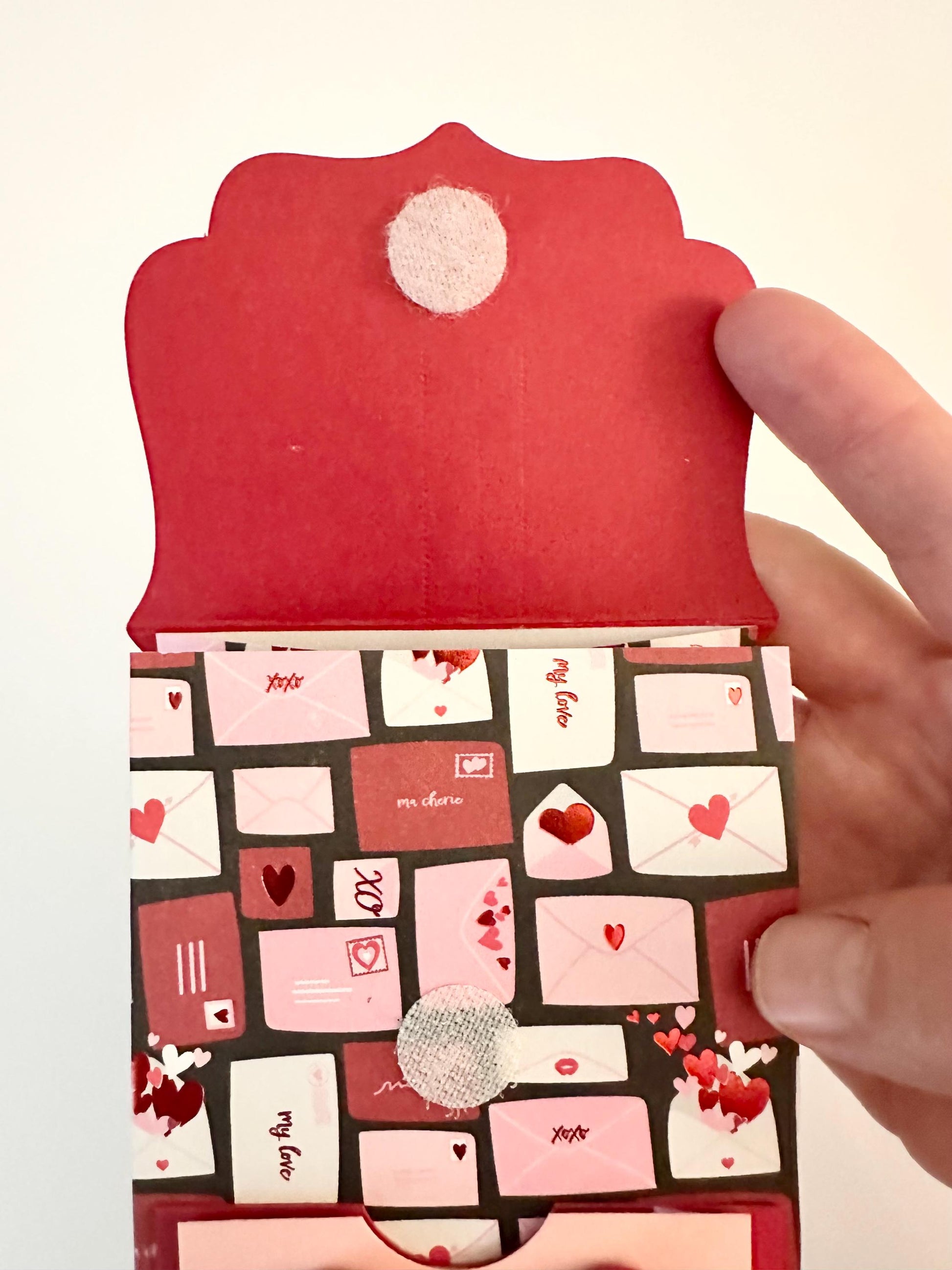 3D Paper Backpack Gift Box - Handmade Cardstock Favor Bag with Bow and Ribbon Straps - Pink & Red Envelope Print - Cute Stationery Holder