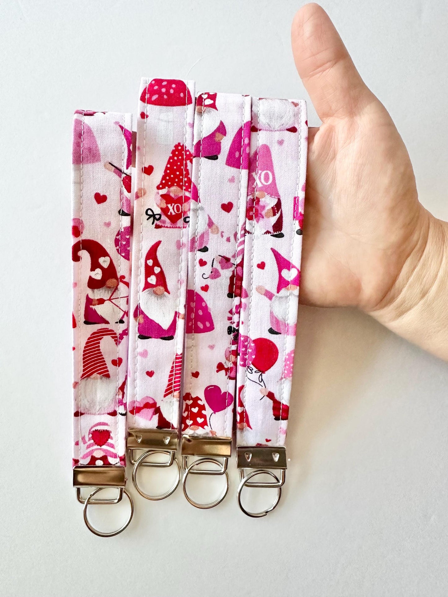 Valentine Gnome Keychain Key Fob | Pink Red White Fabric Wristlet | Handmade Valentine Gift | Cute Gnome Keychain