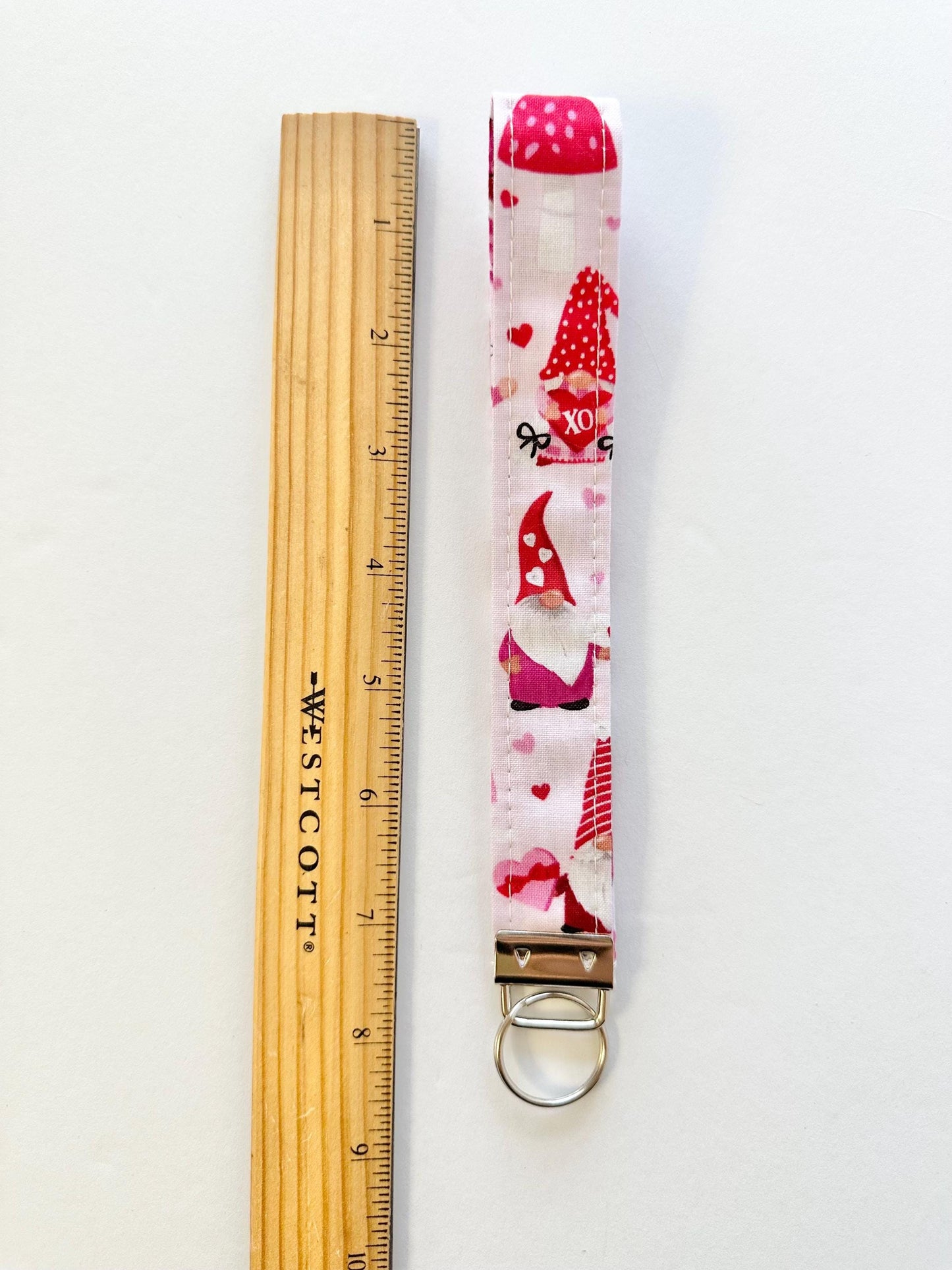 Valentine Gnome Keychain Key Fob | Pink Red White Fabric Wristlet | Handmade Valentine Gift | Cute Gnome Keychain