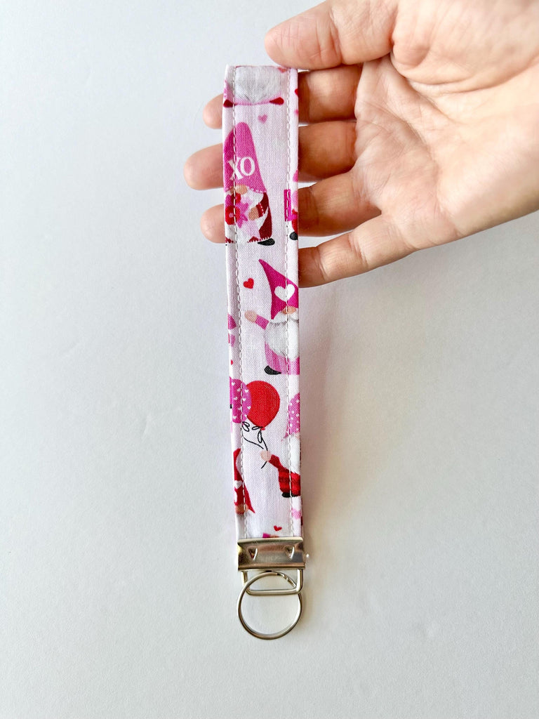 Valentine Gnome Keychain Key Fob | Pink Red White Fabric Wristlet | Handmade Valentine Gift | Cute Gnome Keychain