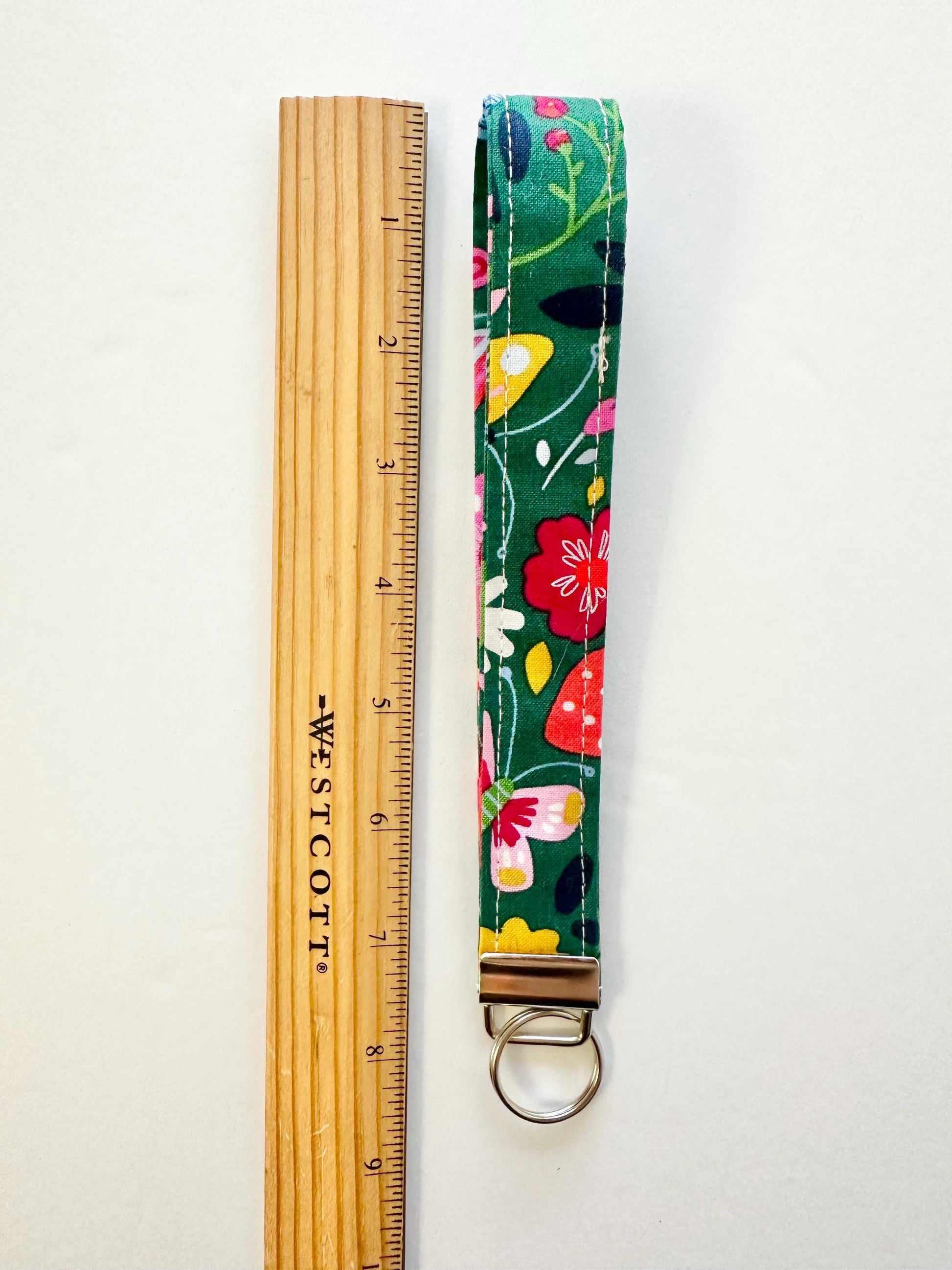 Forest Mushroom Fabric Key Fob Keychain | Green Nature Wristlet Keychain | Handmade Key Fob with Key Ring | Woodland Accessory