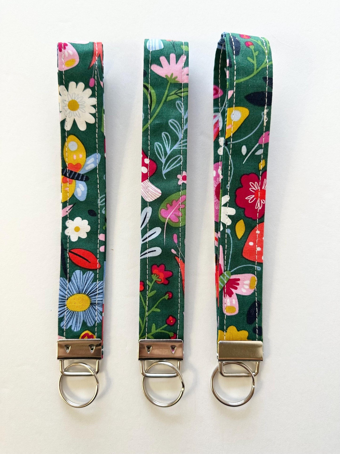 Forest Mushroom Fabric Key Fob Keychain | Green Nature Wristlet Keychain | Handmade Key Fob with Key Ring | Woodland Accessory