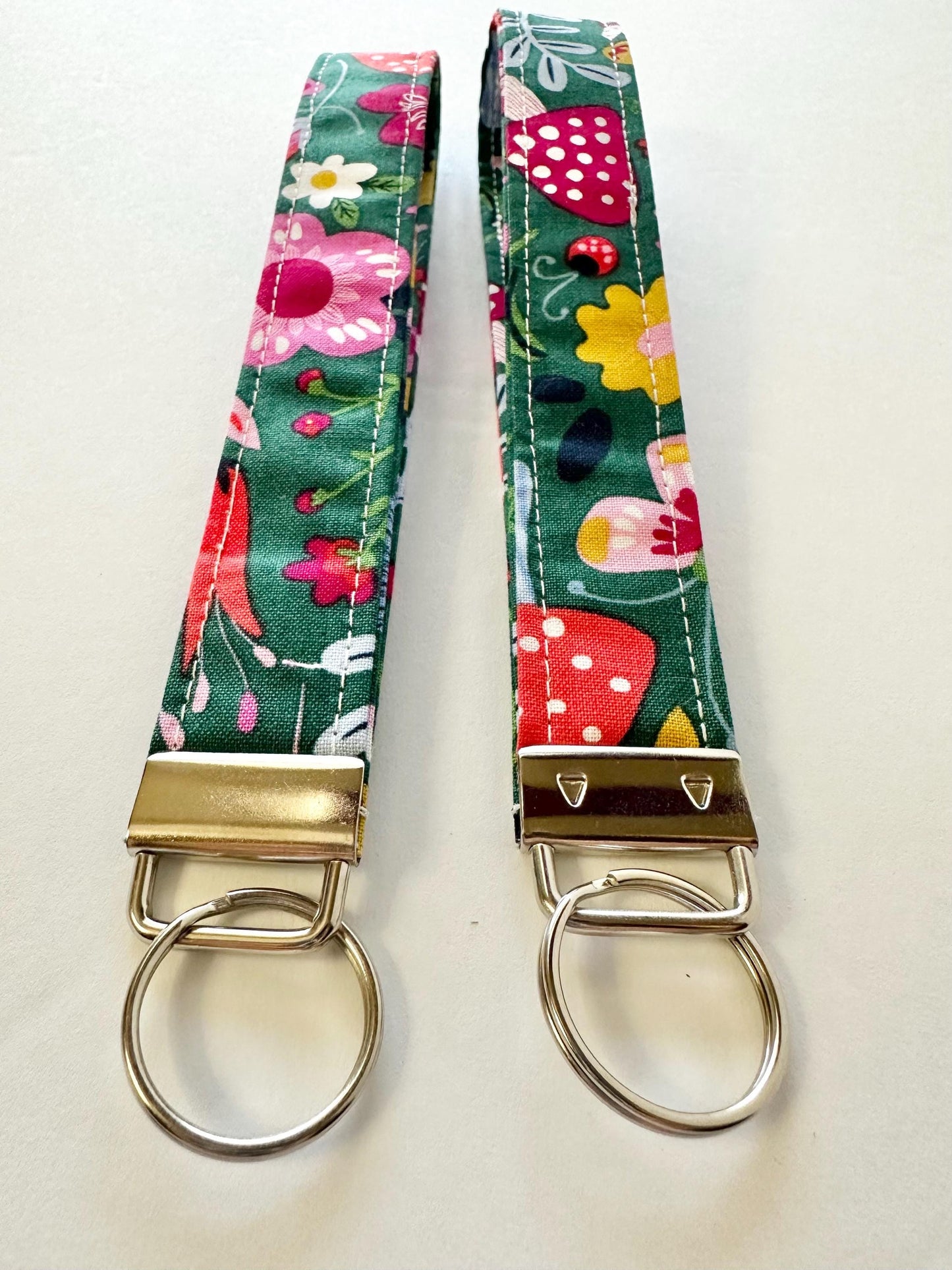 Forest Mushroom Fabric Key Fob Keychain | Green Nature Wristlet Keychain | Handmade Key Fob with Key Ring | Woodland Accessory