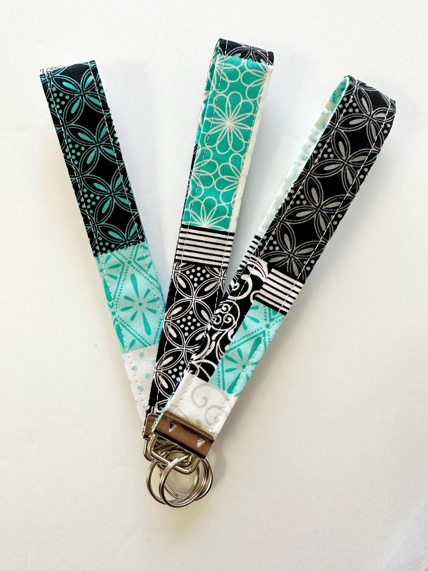Quilt Pattern Fabric Key Fob Keychain | Greenish Blue, White & Black Patchwork Wristlet | Handmade Keychain Accessory
