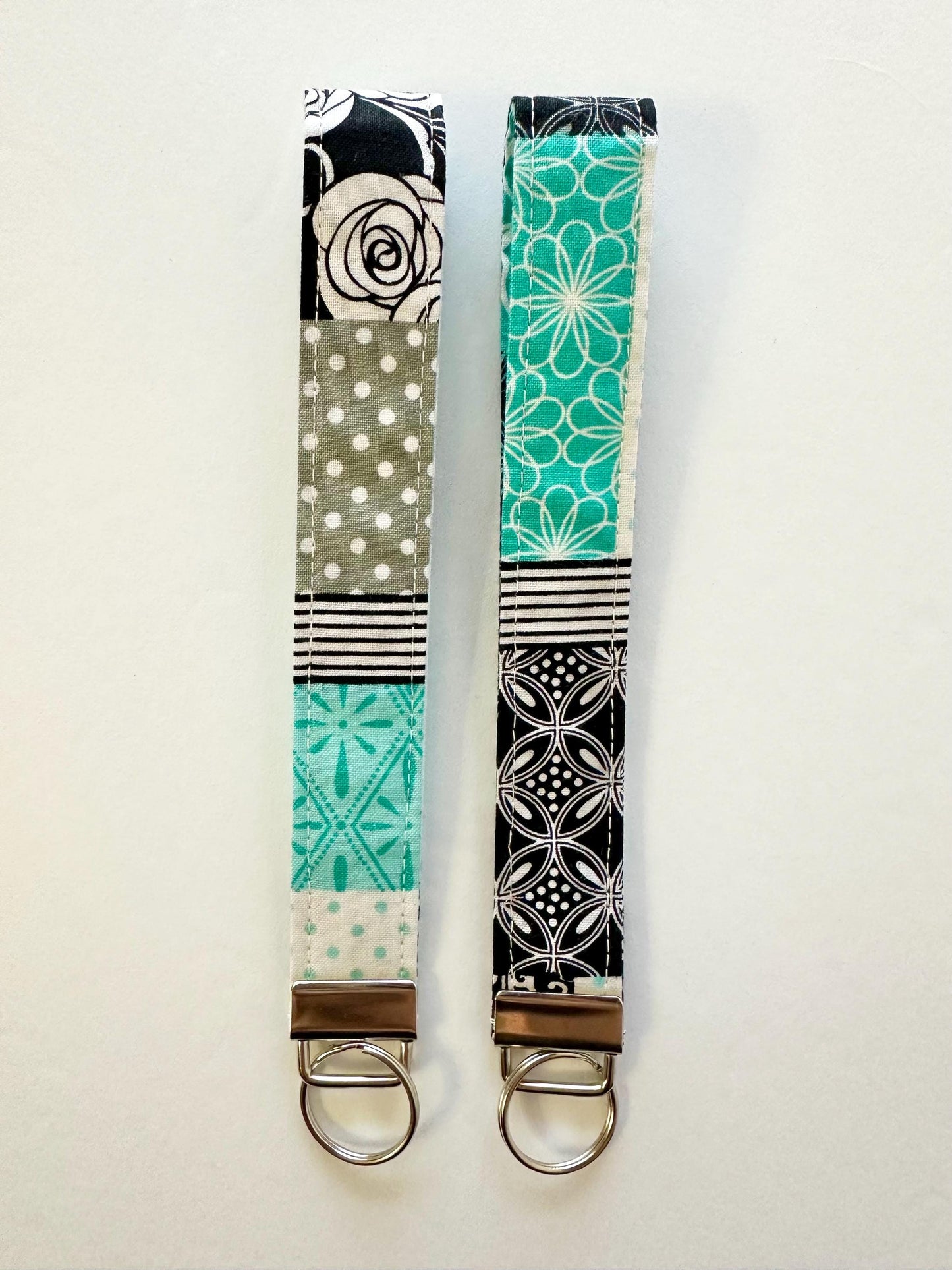 Quilt Pattern Fabric Key Fob Keychain | Greenish Blue, White & Black Patchwork Wristlet | Handmade Keychain Accessory