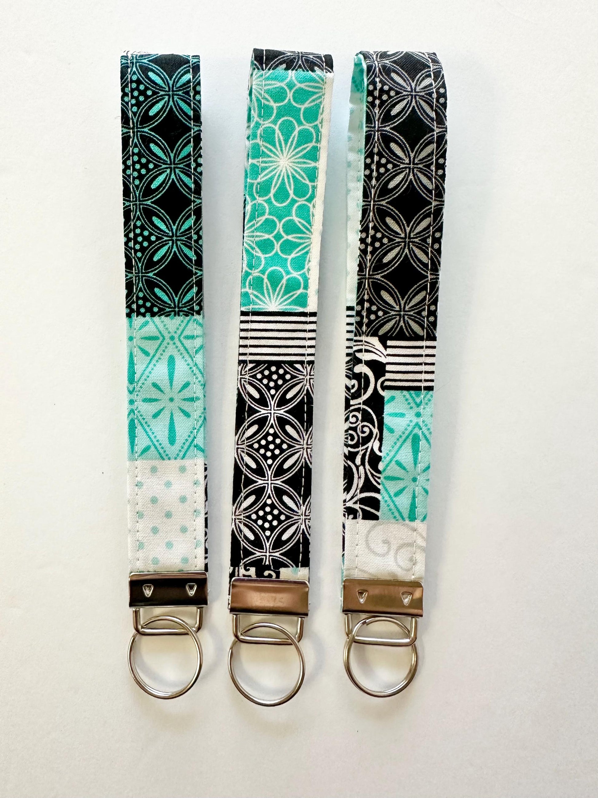 Quilt Pattern Fabric Key Fob Keychain | Greenish Blue, White & Black Patchwork Wristlet | Handmade Keychain Accessory