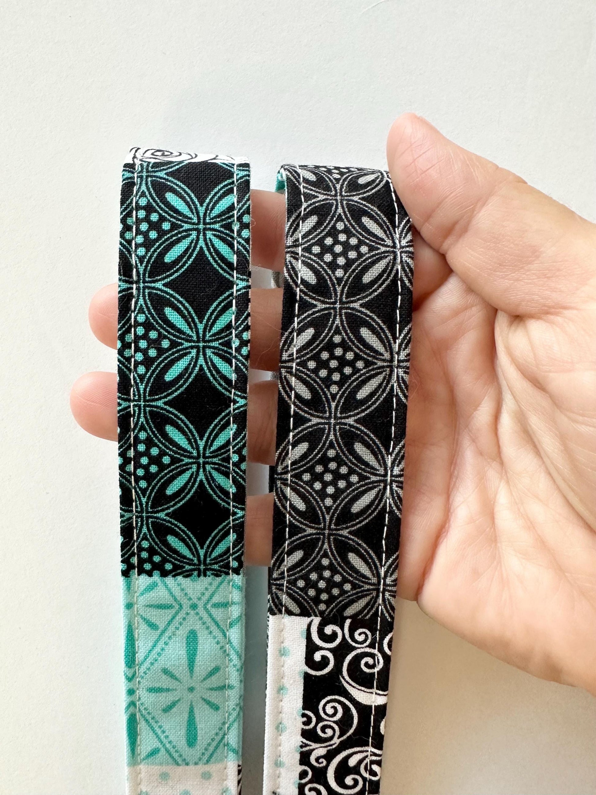 Quilt Pattern Fabric Key Fob Keychain | Greenish Blue, White & Black Patchwork Wristlet | Handmade Keychain Accessory