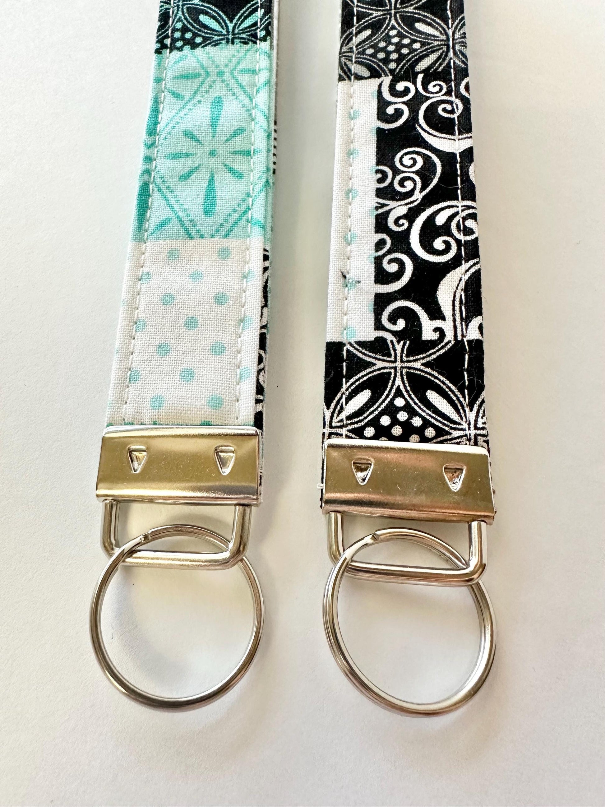 Quilt Pattern Fabric Key Fob Keychain | Greenish Blue, White & Black Patchwork Wristlet | Handmade Keychain Accessory