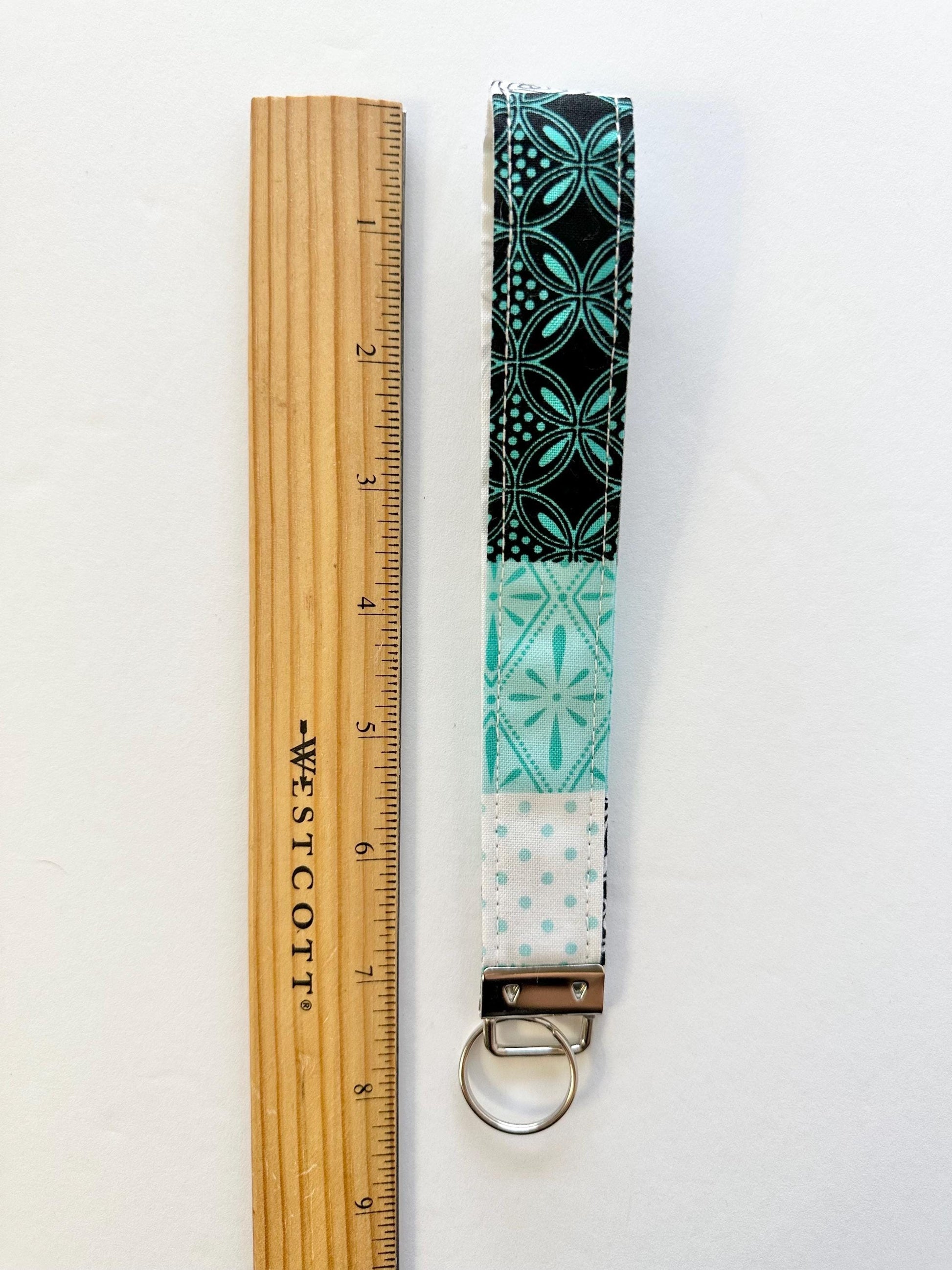 Quilt Pattern Fabric Key Fob Keychain | Greenish Blue, White & Black Patchwork Wristlet | Handmade Keychain Accessory