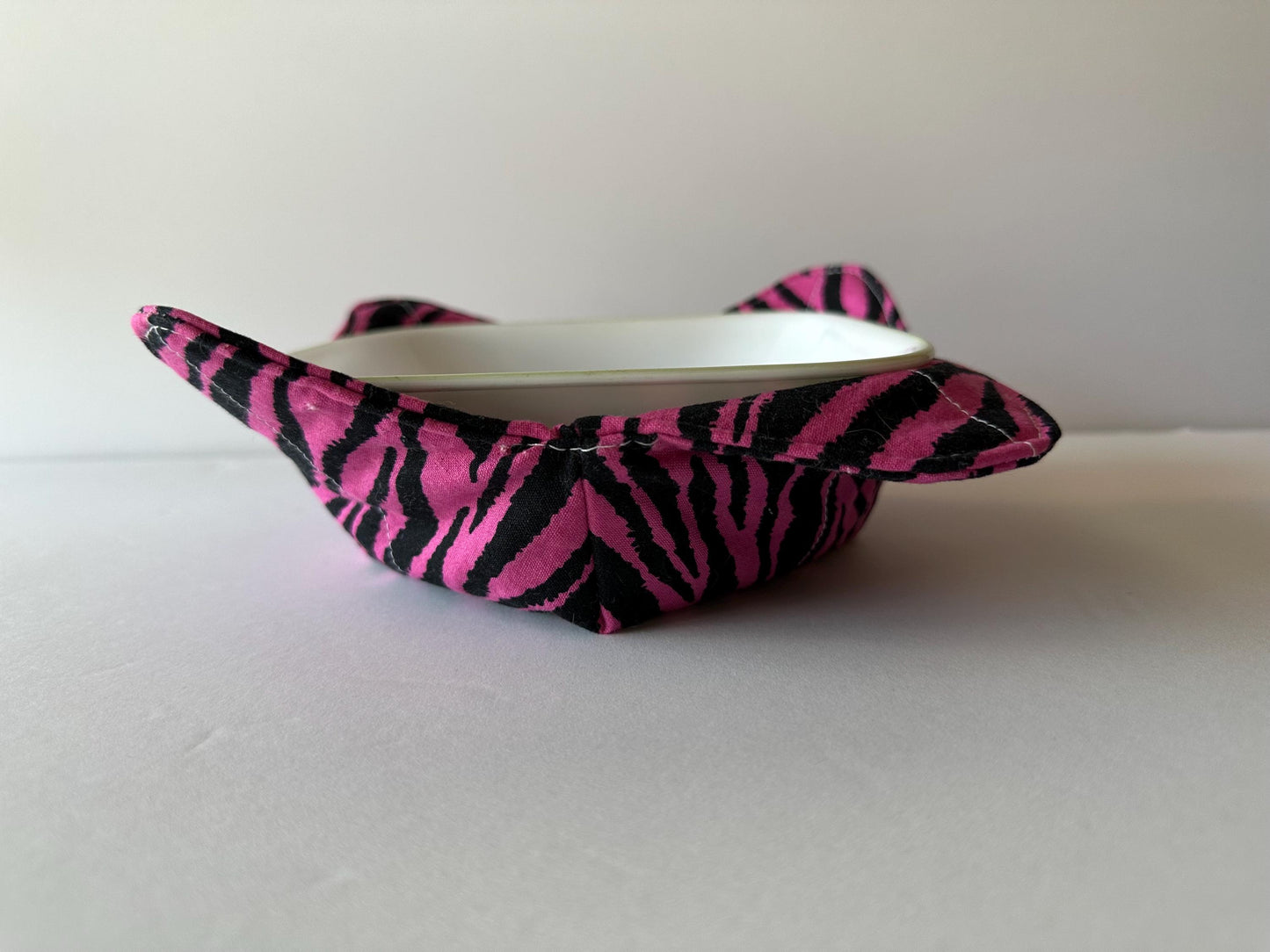 Fuchsia Pink & Black Zebra Stripe Bowl Cozy | Handmade Hot Bowl Holder | Kitchen Accessory