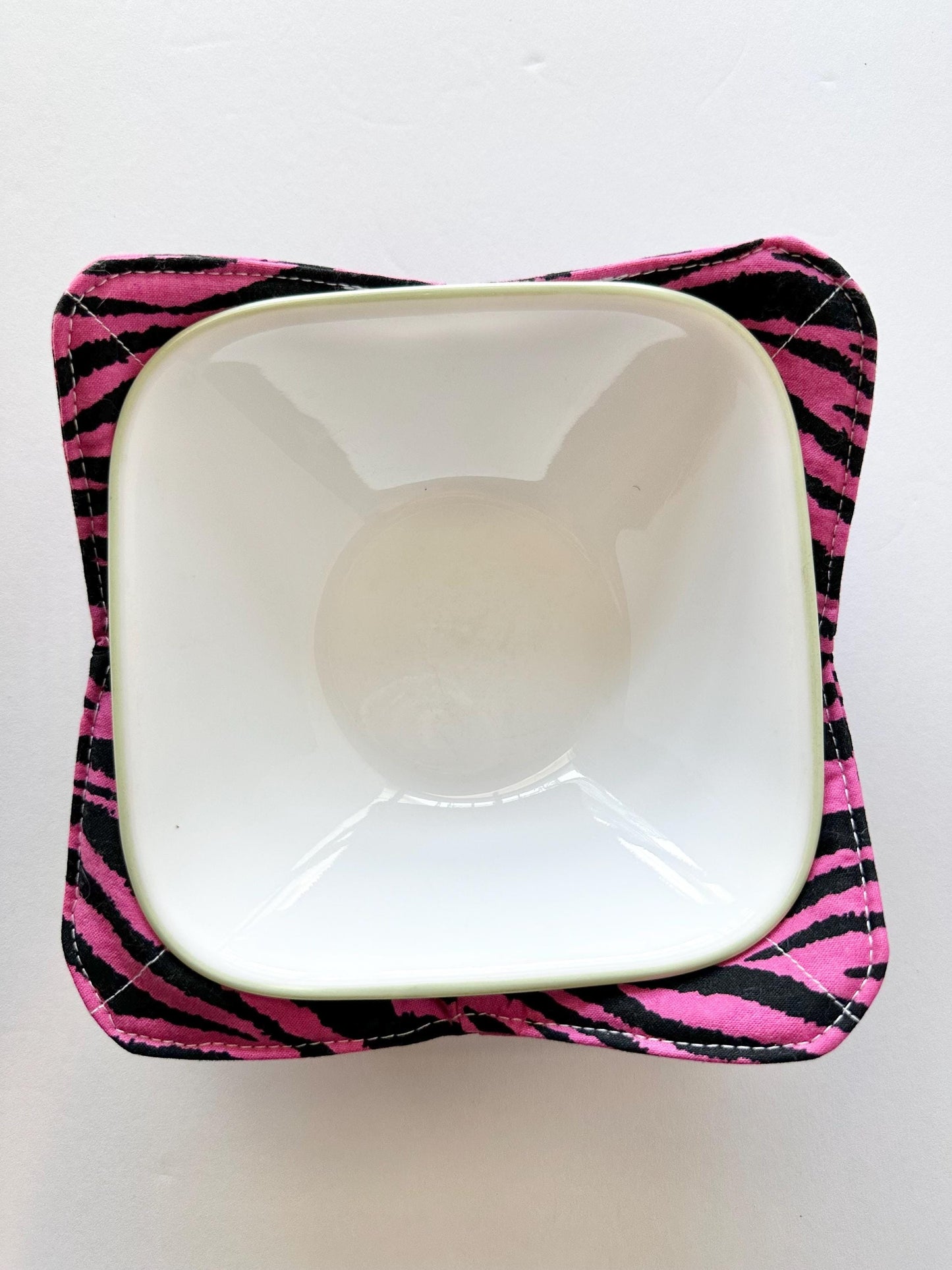 Fuchsia Pink & Black Zebra Stripe Bowl Cozy | Handmade Hot Bowl Holder | Kitchen Accessory
