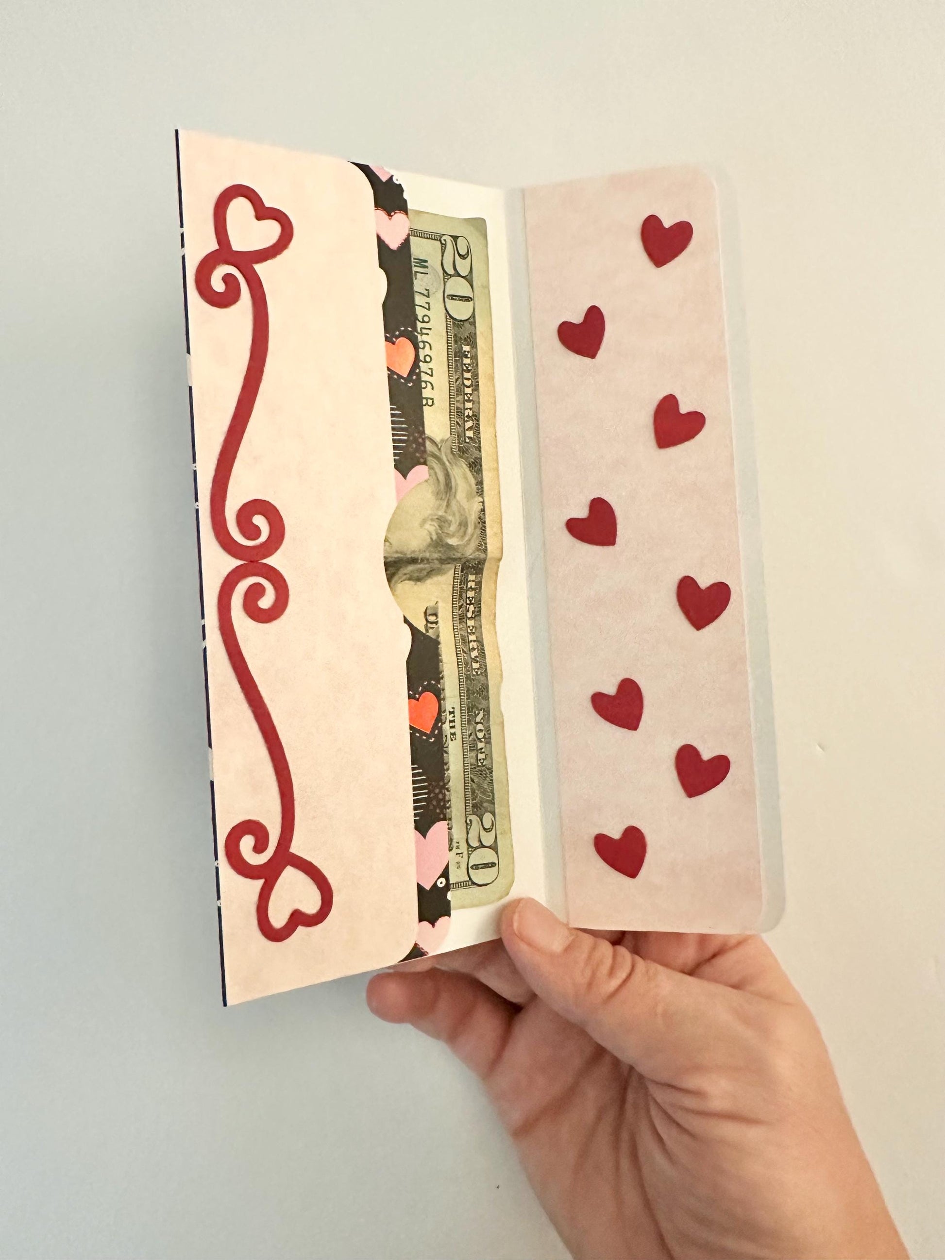 Handmade Valentine Gift Envelope | Pink, Red & White Hearts on Black Background | Cash and Gift Card Holder