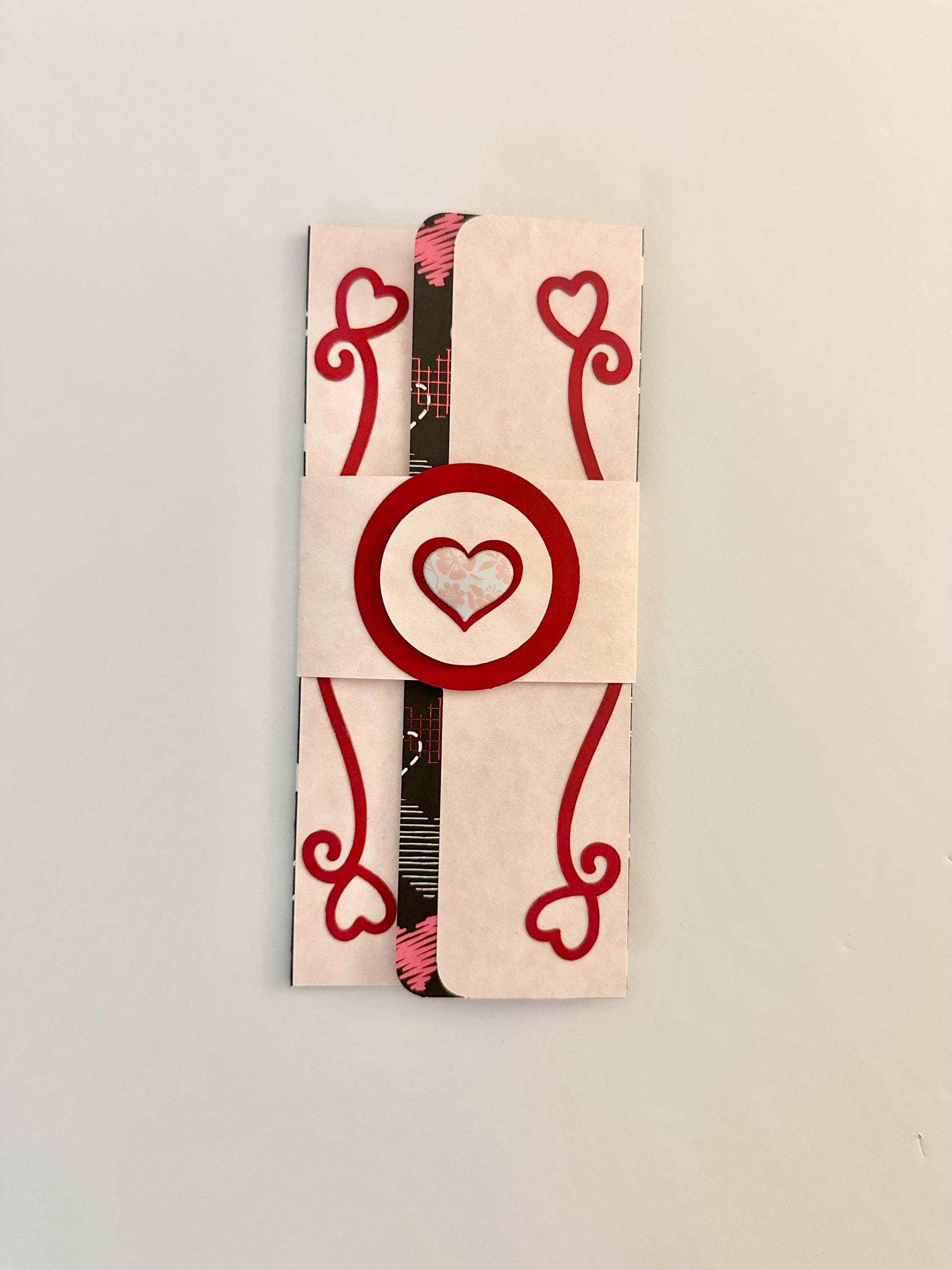 Handmade Valentine Gift Envelope | Pink, Red & White Hearts on Black Background | Cash and Gift Card Holder