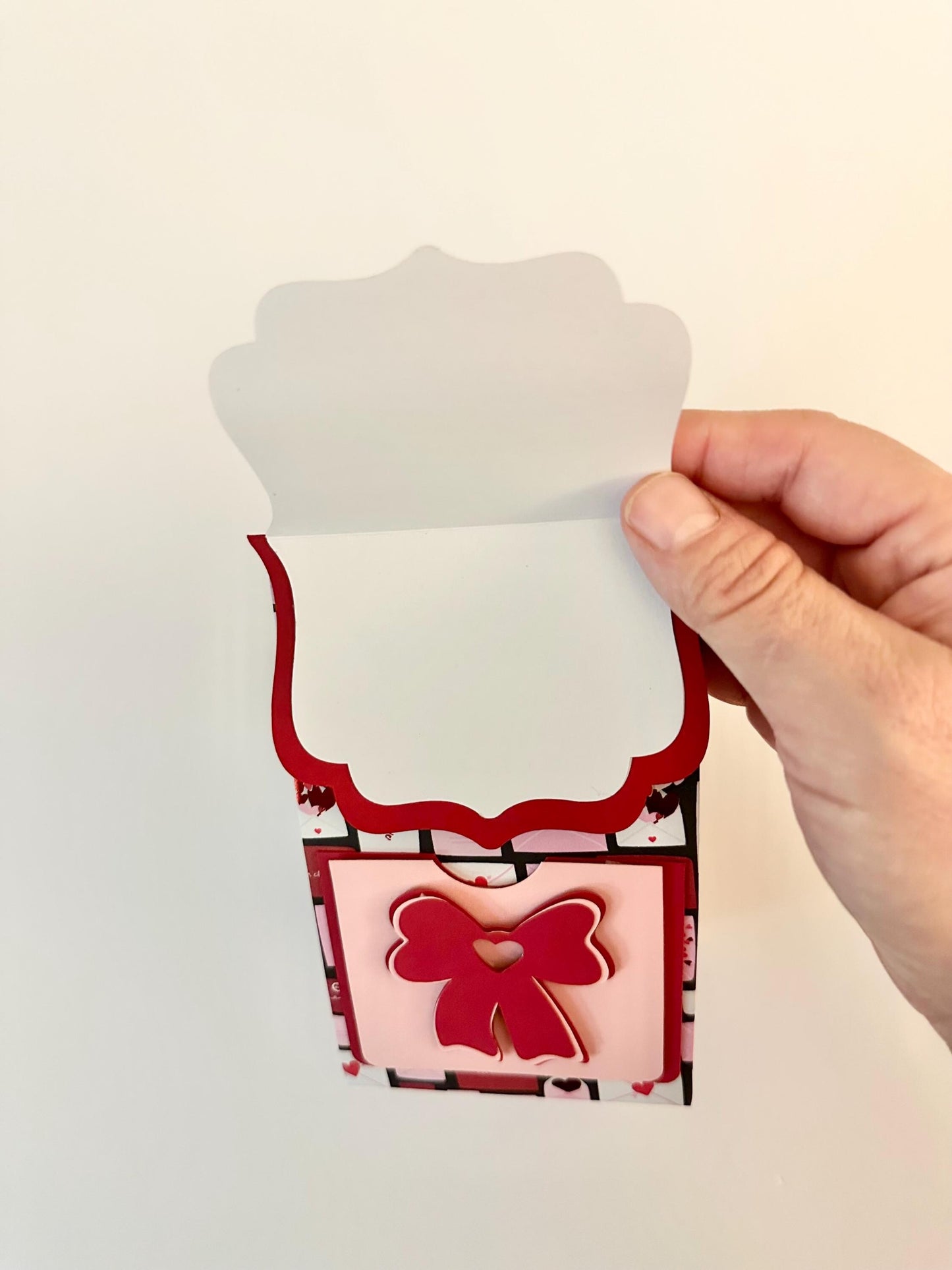 3D Paper Backpack Gift Box - Handmade Cardstock Favor Bag with Bow and Ribbon Straps - Pink & Red Envelope Print - Cute Stationery Holder