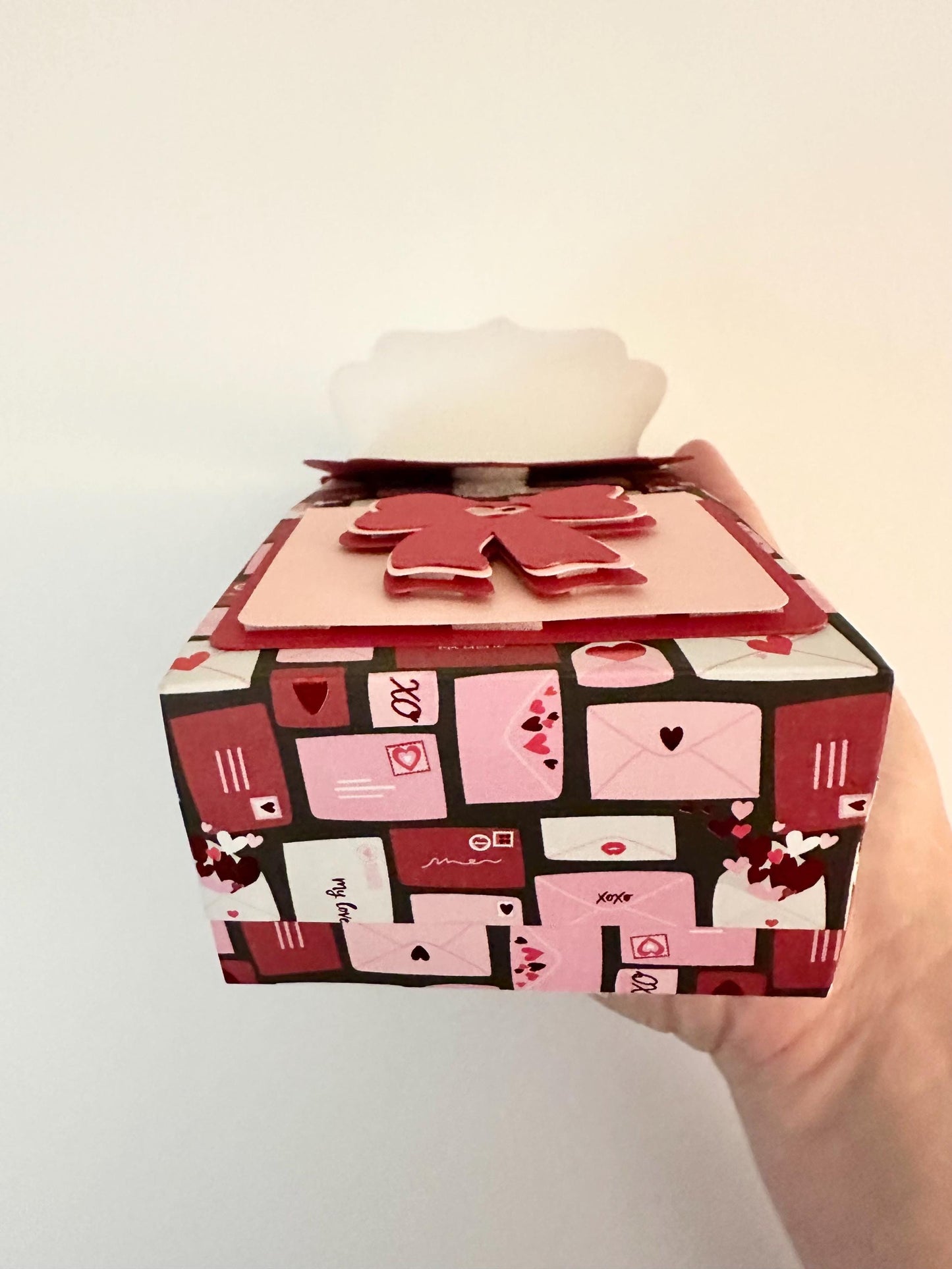 3D Paper Backpack Gift Box - Handmade Cardstock Favor Bag with Bow and Ribbon Straps - Pink & Red Envelope Print - Cute Stationery Holder