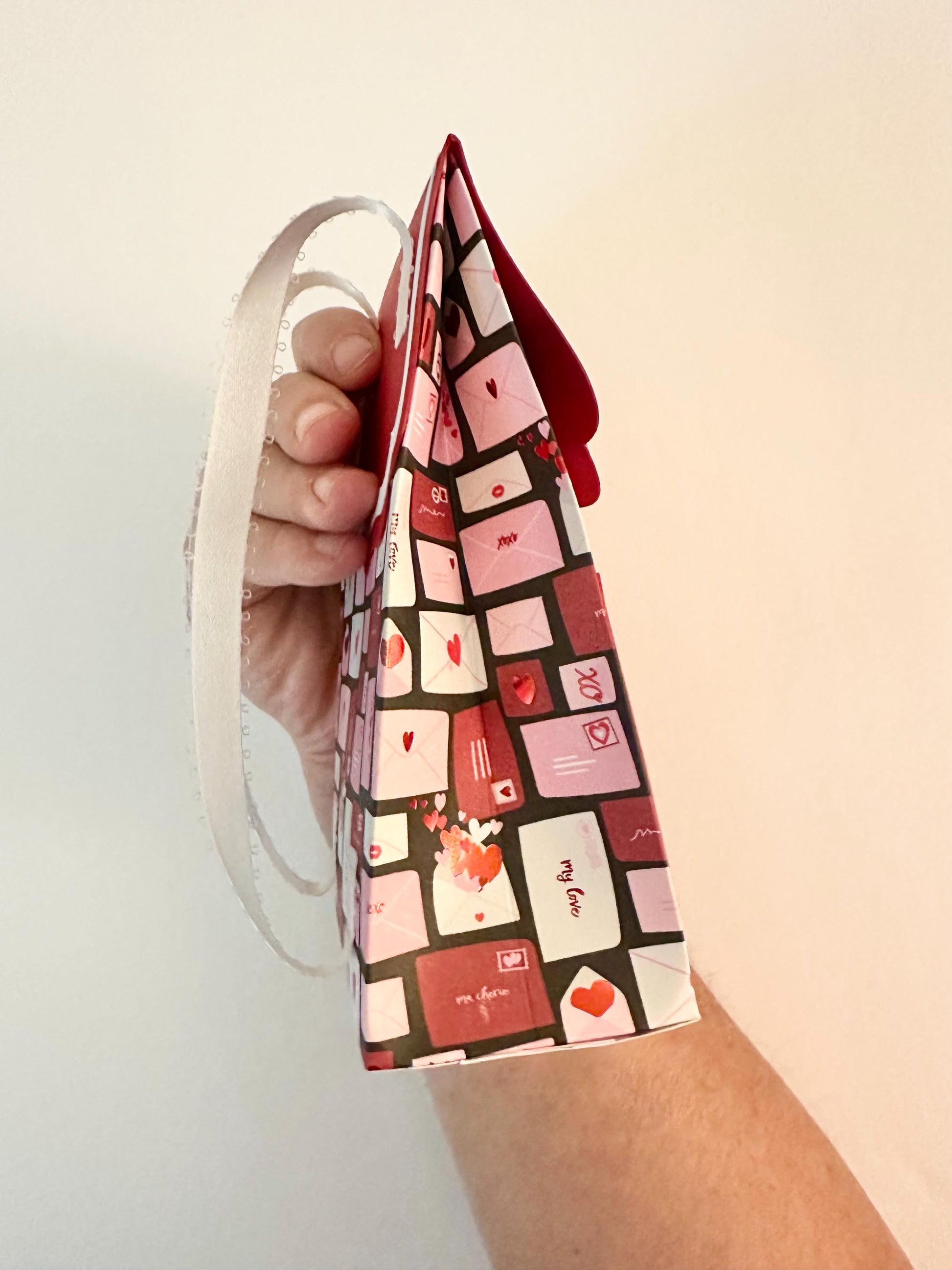 3D Paper Backpack Gift Box - Handmade Cardstock Favor Bag with Bow and Ribbon Straps - Pink & Red Envelope Print - Cute Stationery Holder