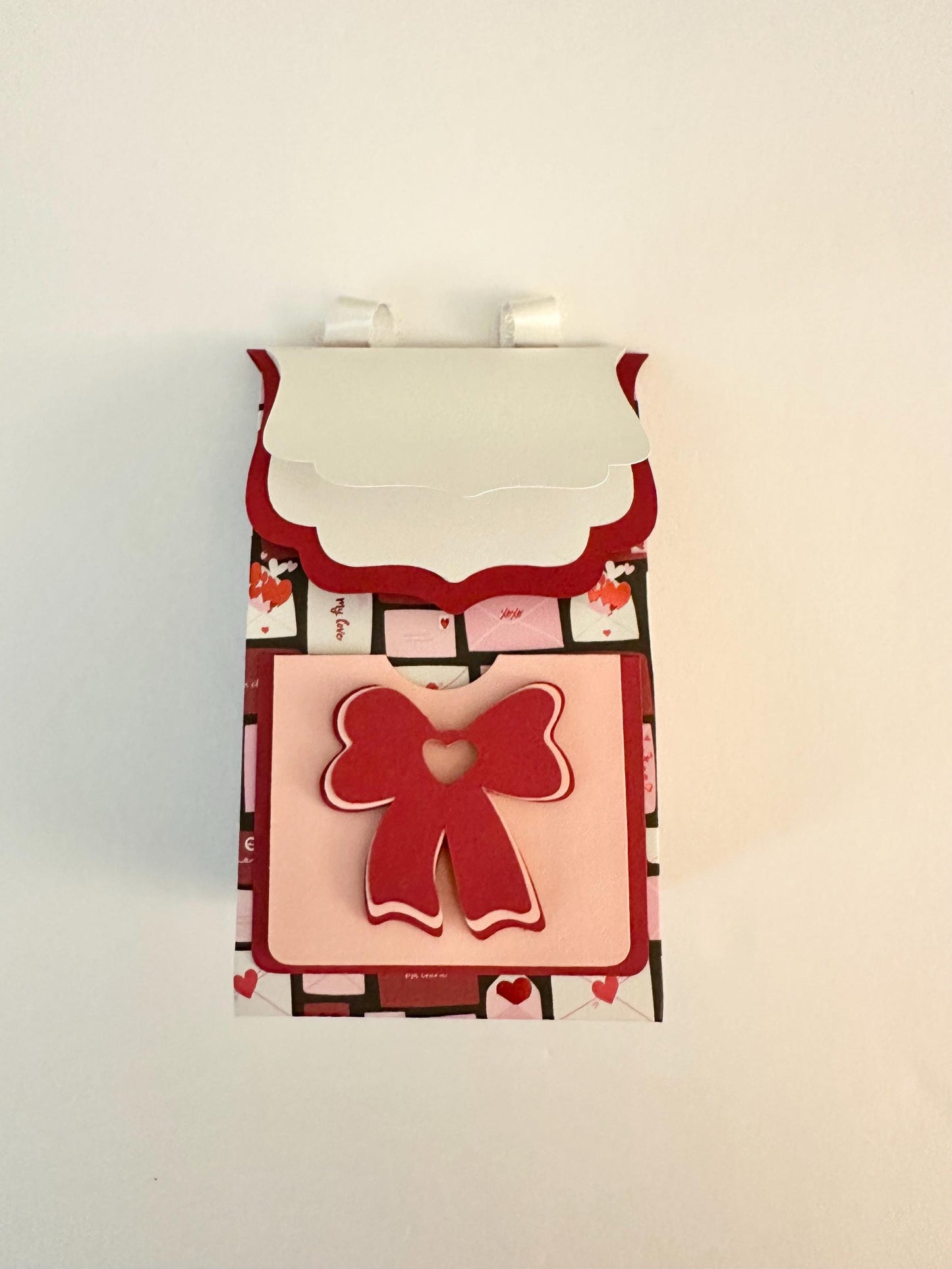 3D Paper Backpack Gift Box - Handmade Cardstock Favor Bag with Bow and Ribbon Straps - Pink & Red Envelope Print - Cute Stationery Holder