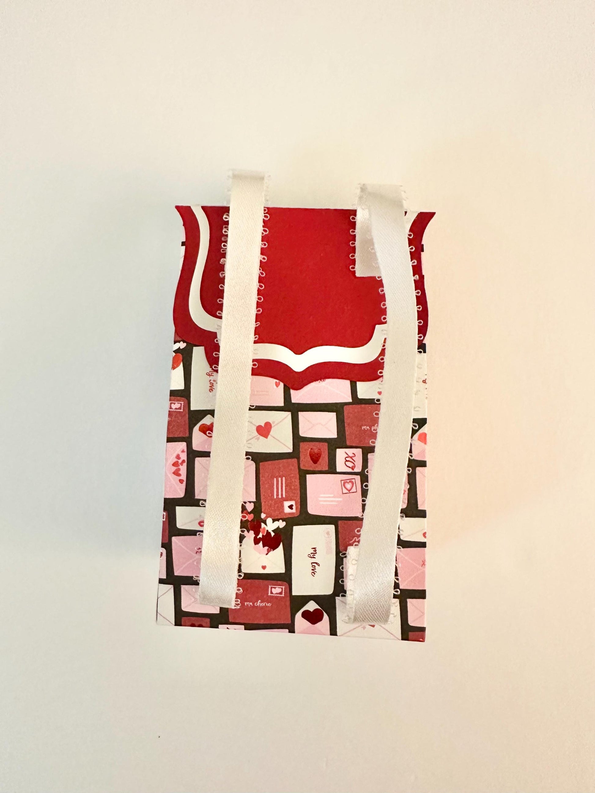 3D Paper Backpack Gift Box - Handmade Cardstock Favor Bag with Bow and Ribbon Straps - Pink & Red Envelope Print - Cute Stationery Holder