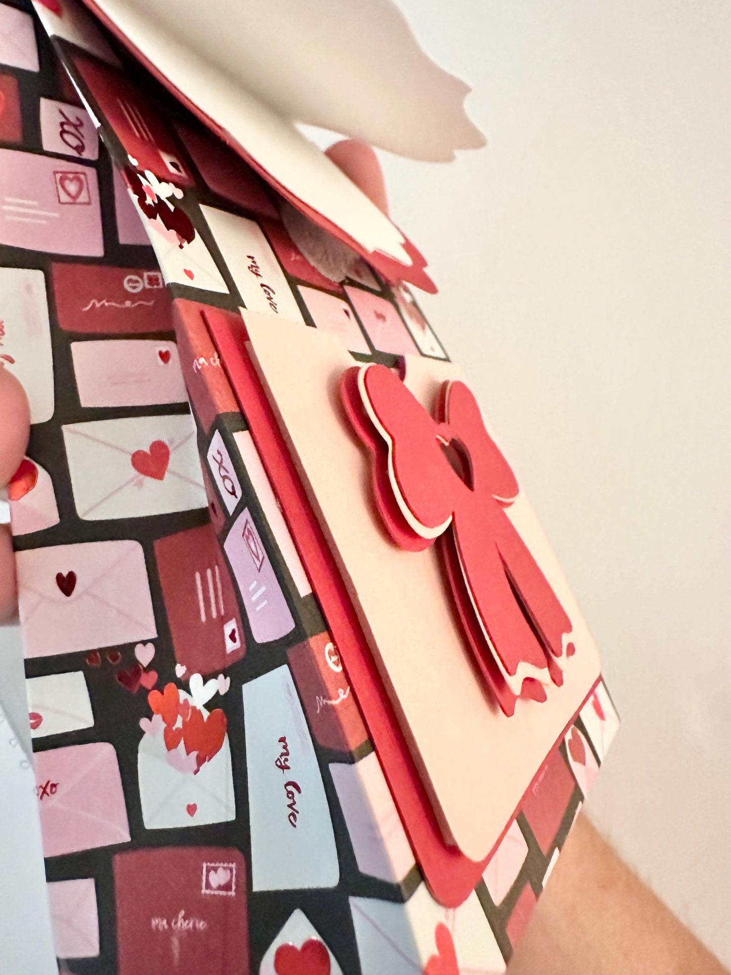 3D Paper Backpack Gift Box - Handmade Cardstock Favor Bag with Bow and Ribbon Straps - Pink & Red Envelope Print - Cute Stationery Holder