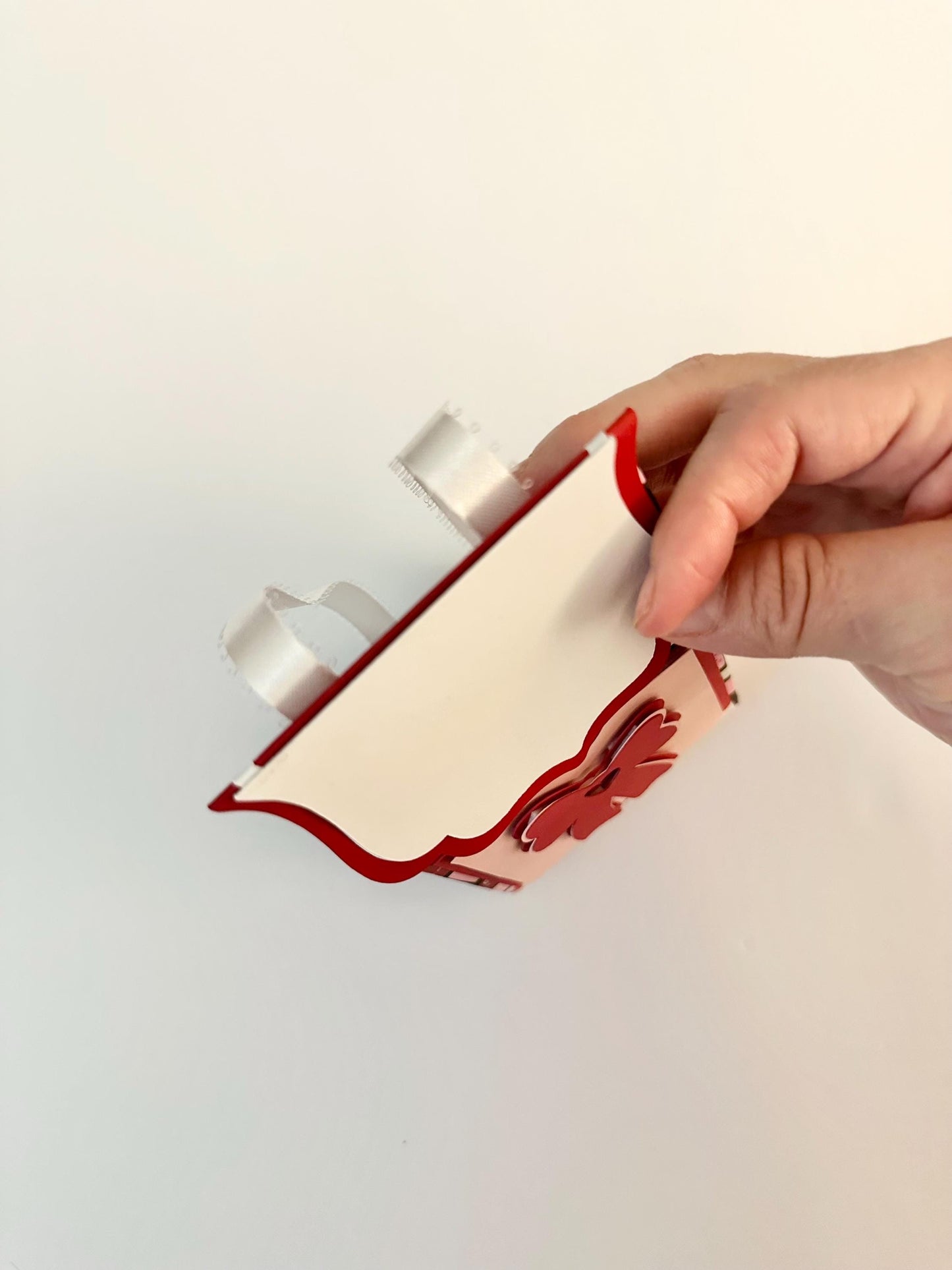 3D Paper Backpack Gift Box - Handmade Cardstock Favor Bag with Bow and Ribbon Straps - Pink & Red Envelope Print - Cute Stationery Holder