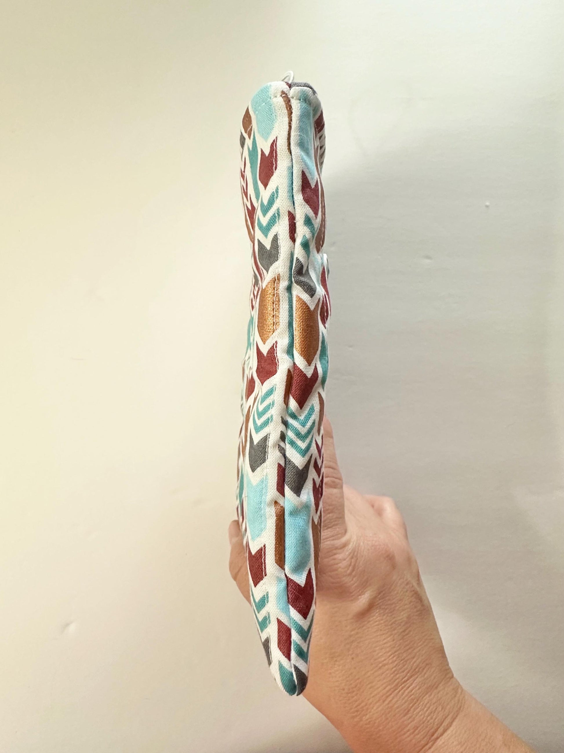 Mini Book Sleeve 5x7 Quilted Travel Pouch – Boho Tribal Teal Gray Gold Brown Organizer – Elastic Button Closure Small Cosmetic Bag