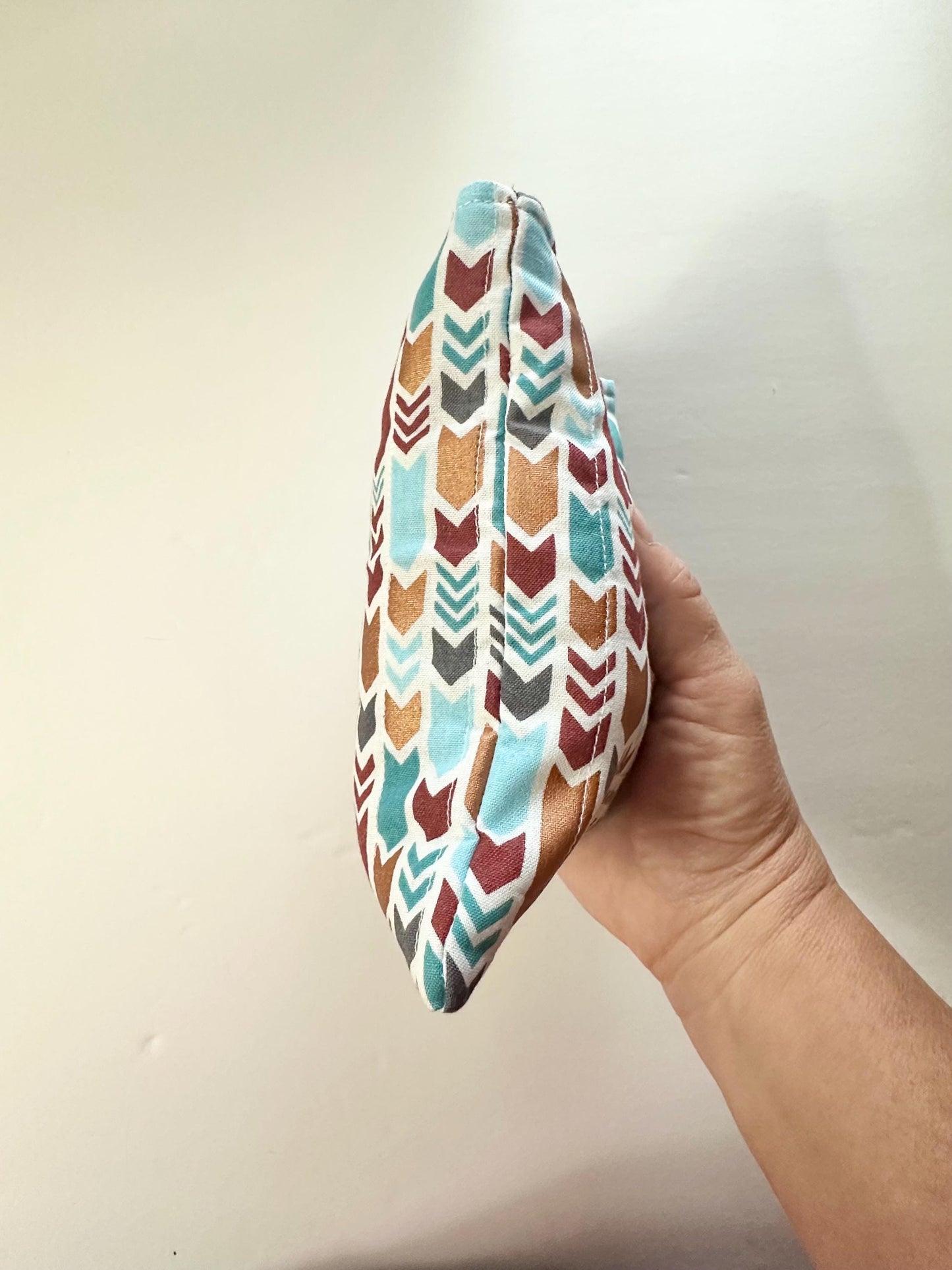 Mini Book Sleeve 5x7 Quilted Travel Pouch – Boho Tribal Teal Gray Gold Brown Organizer – Elastic Button Closure Small Cosmetic Bag