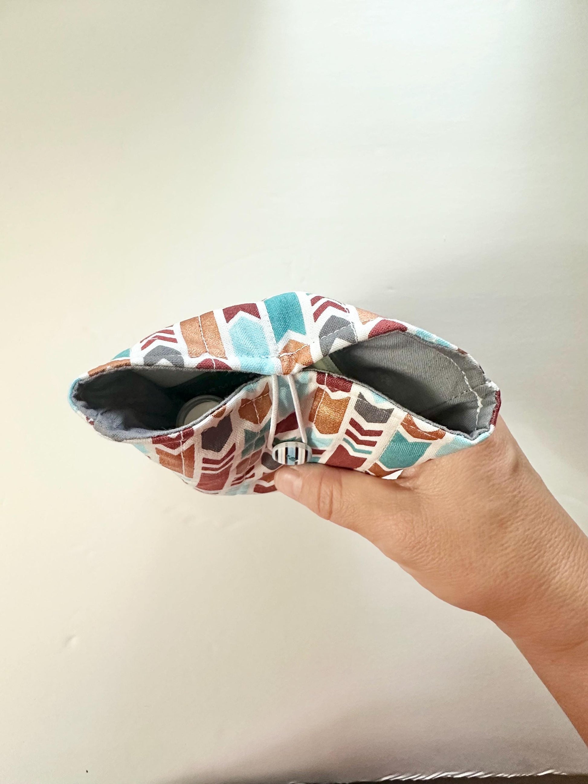 Mini Book Sleeve 5x7 Quilted Travel Pouch – Boho Tribal Teal Gray Gold Brown Organizer – Elastic Button Closure Small Cosmetic Bag