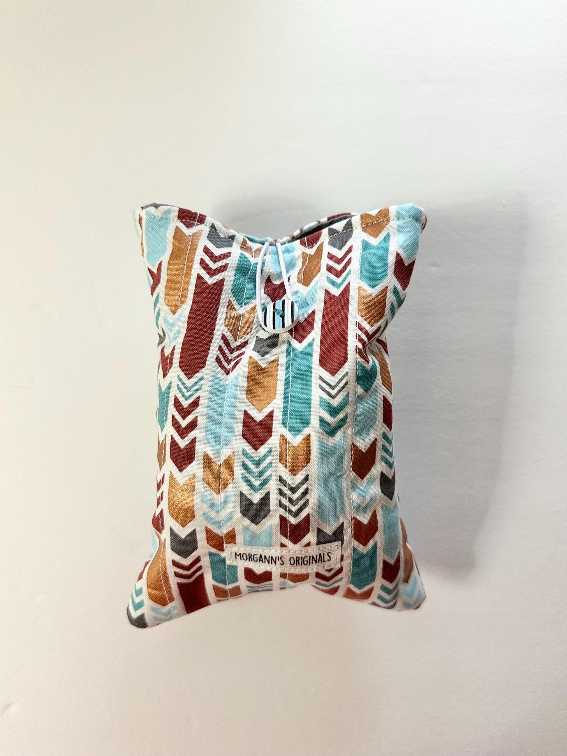 Mini Book Sleeve 5x7 Quilted Travel Pouch – Boho Tribal Teal Gray Gold Brown Organizer – Elastic Button Closure Small Cosmetic Bag