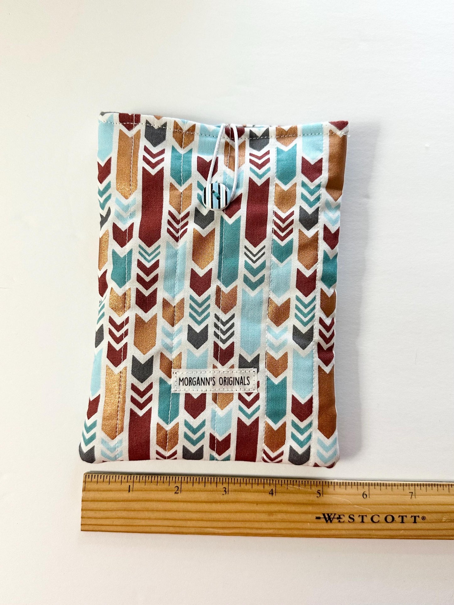 Mini Book Sleeve 5x7 Quilted Travel Pouch – Boho Tribal Teal Gray Gold Brown Organizer – Elastic Button Closure Small Cosmetic Bag